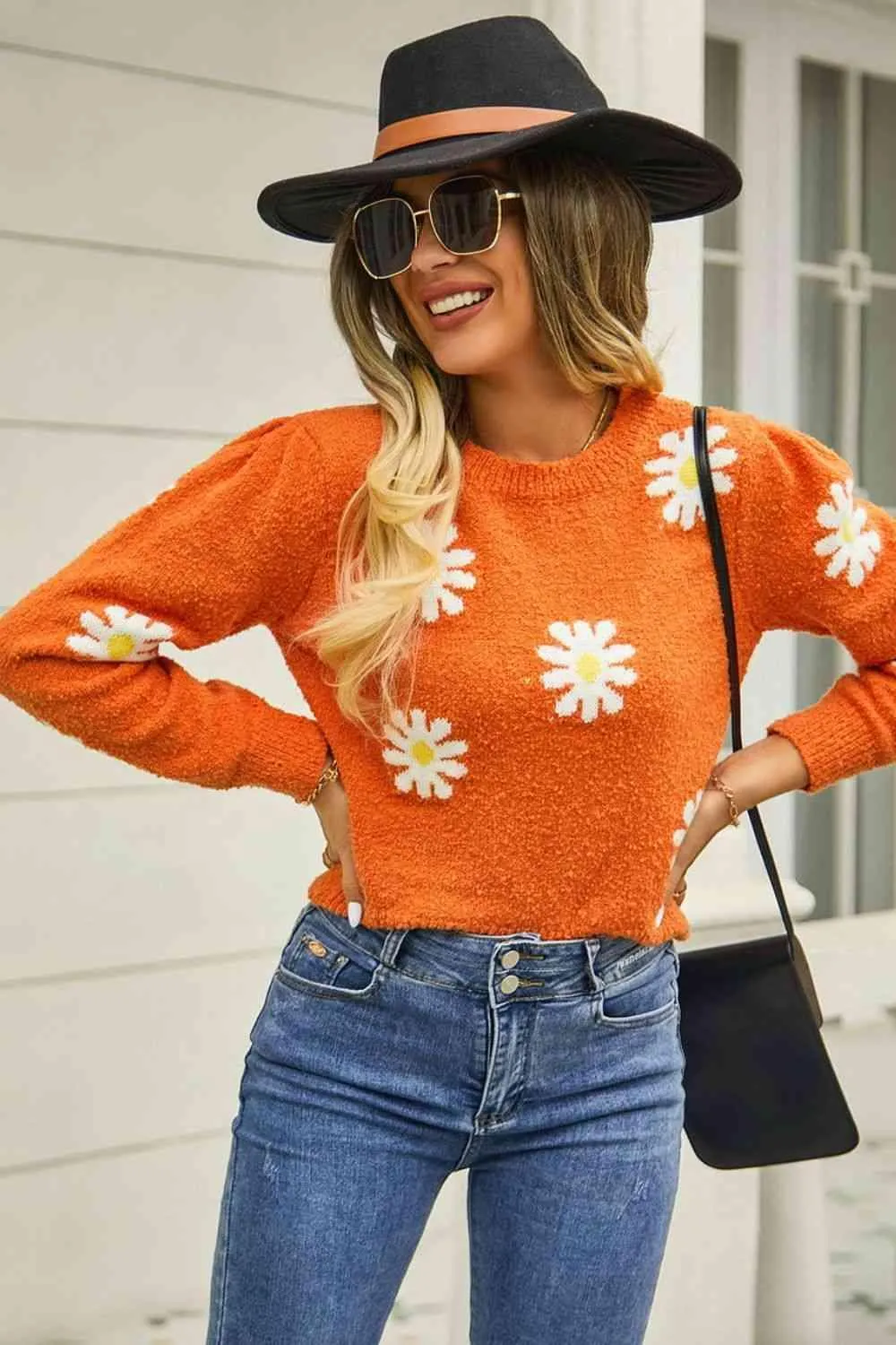 Cold Season Spirit Crew Neck Flower Sweater