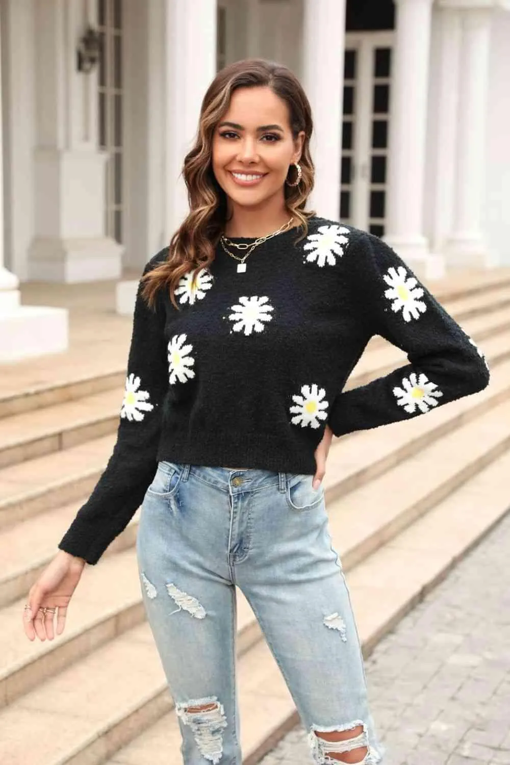 Cold Season Spirit Crew Neck Flower Sweater