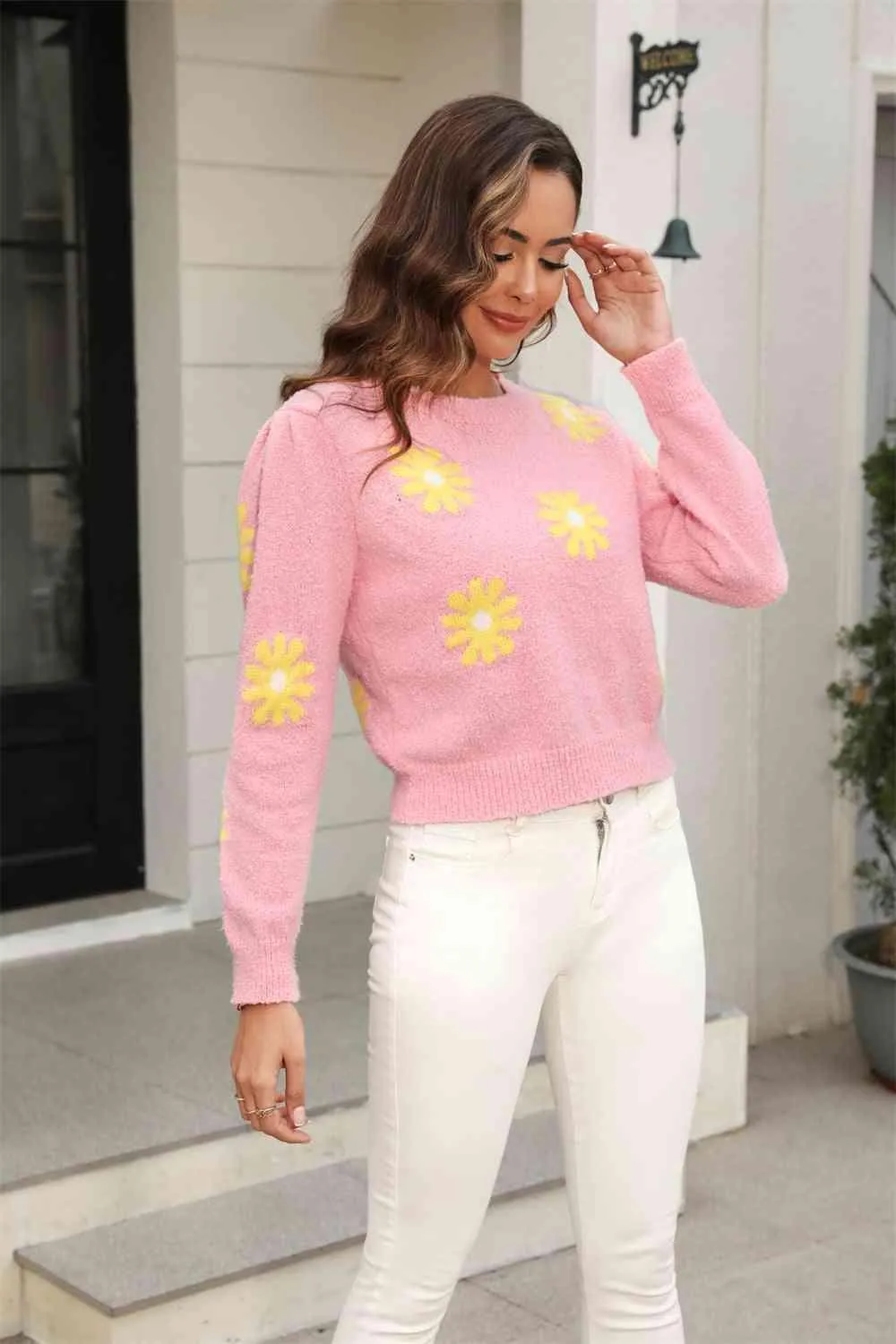 Cold Season Spirit Crew Neck Flower Sweater