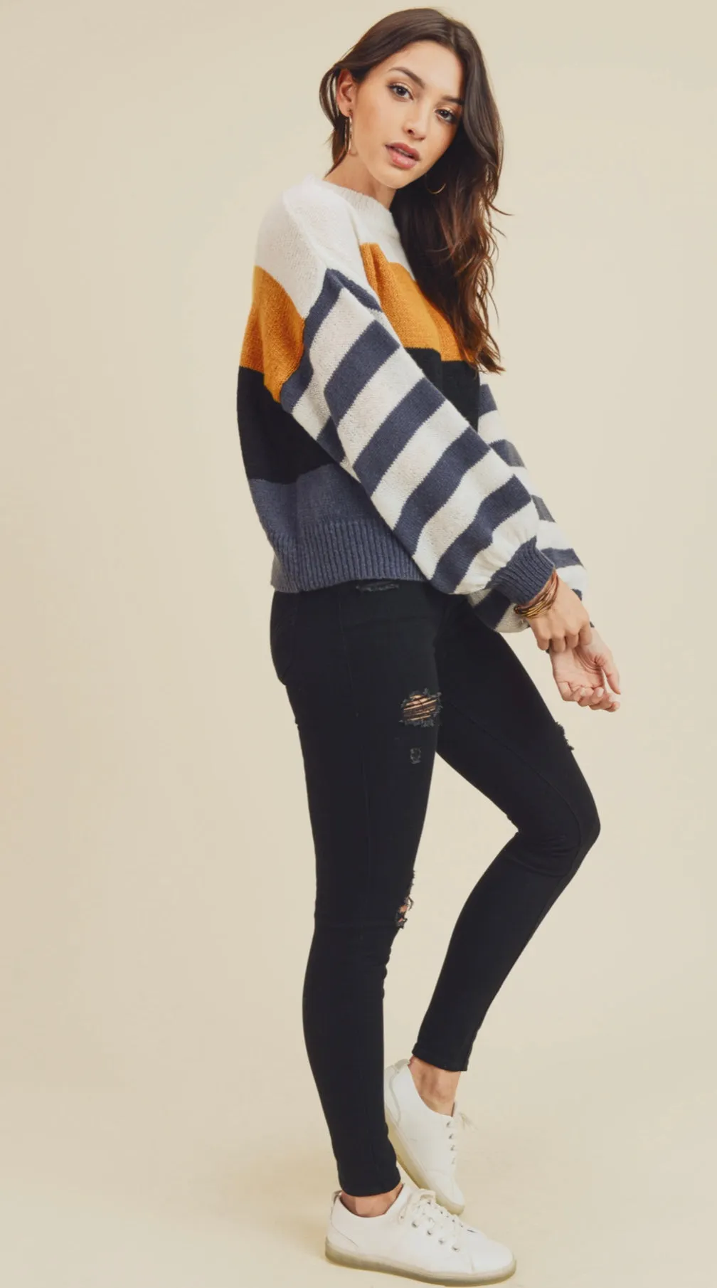 Cozy Mustard Navy Striped Sweater