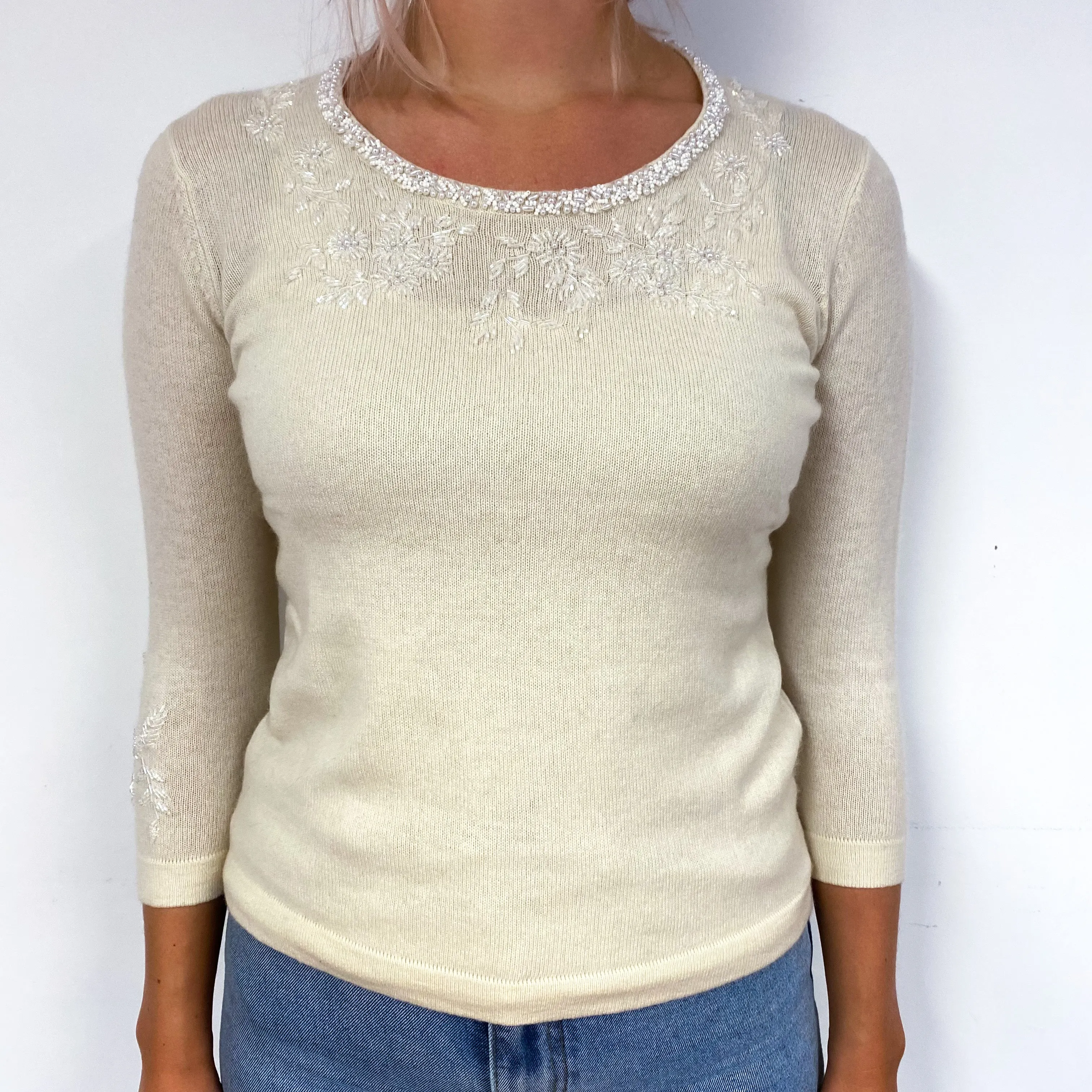 Cream Embellished 3/4 Sleeved Cashmere Crew Neck Jumper Small