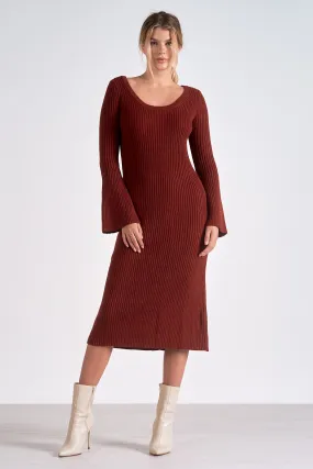 Crewneck Ribbed Sweater Dress w/ Bell Sleeves