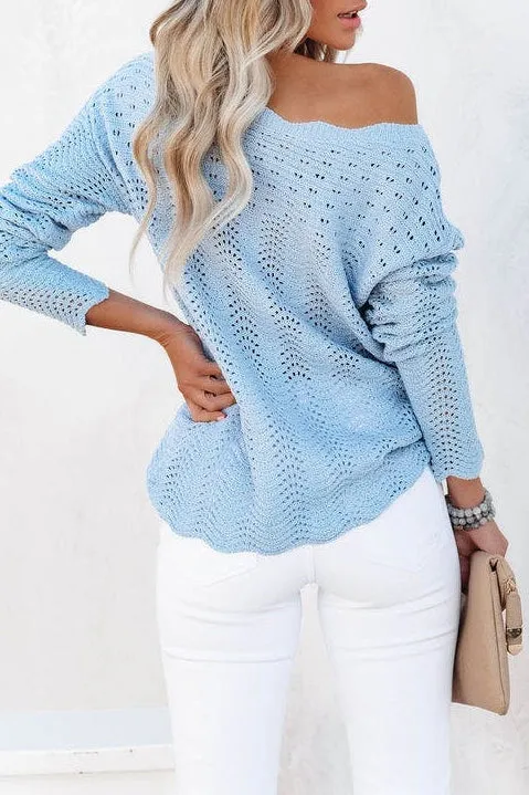 Cut Out Bateau Neck Long Sleeves Pullovers Sweater-AL9409