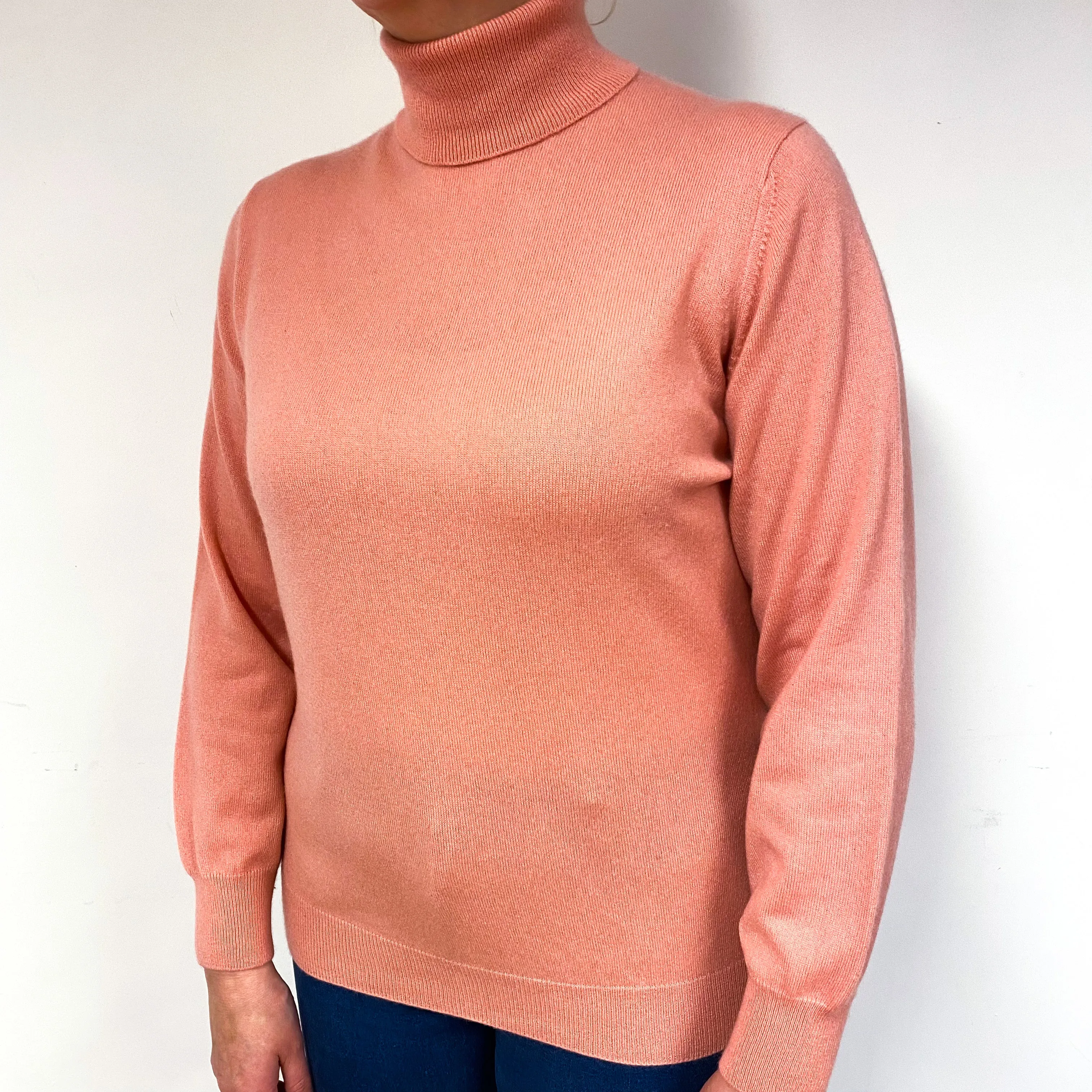 Deep Peach Pink Cashmere Polo Neck Jumper Large