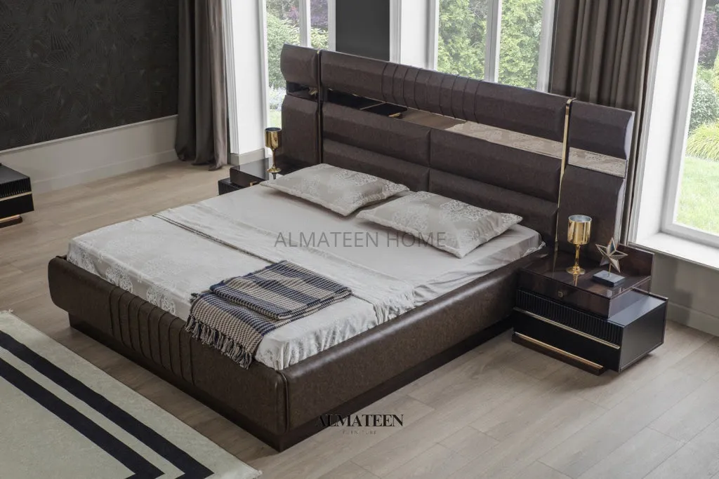 Elegant Bedroom Set with King Size Bed, Dresser, Sliding Wardrobe, and Side Tables - Turkish