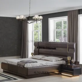 Elegant Bedroom Set with King Size Bed, Dresser, Sliding Wardrobe, and Side Tables - Turkish