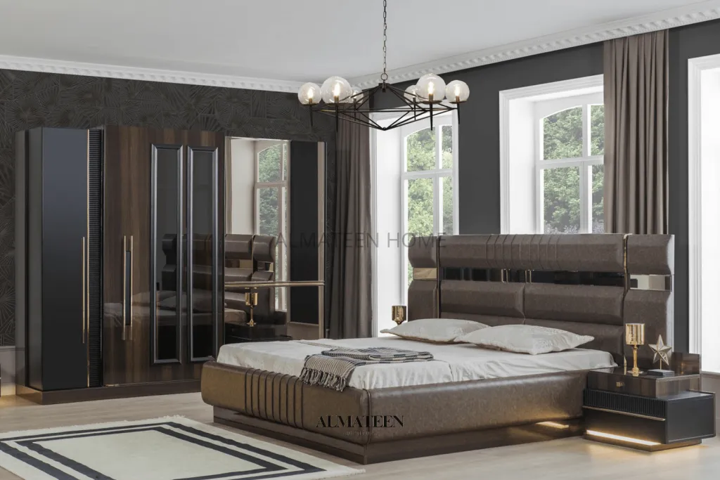 Elegant Bedroom Set with King Size Bed, Dresser, Sliding Wardrobe, and Side Tables - Turkish