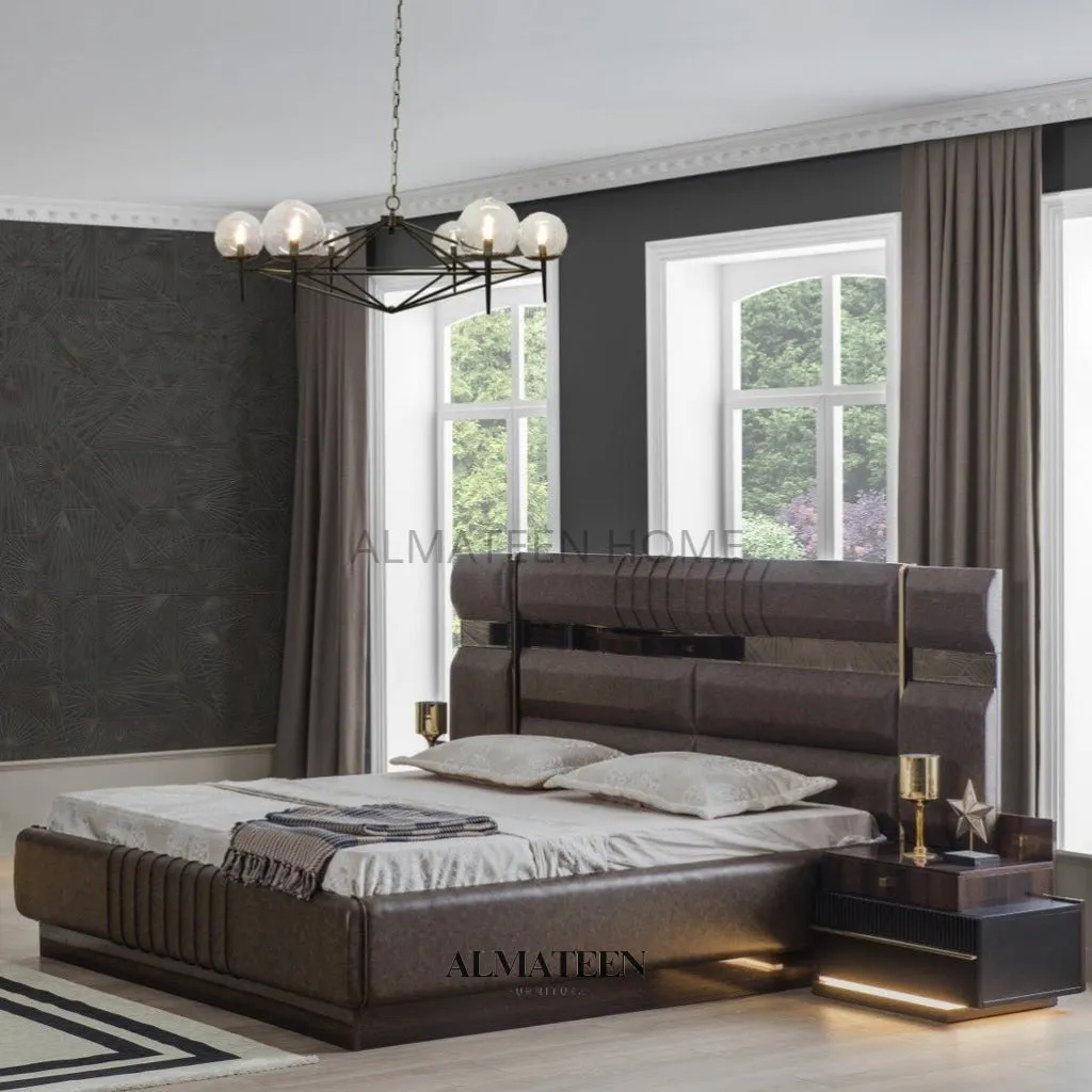 Elegant Bedroom Set with King Size Bed, Dresser, Sliding Wardrobe, and Side Tables - Turkish