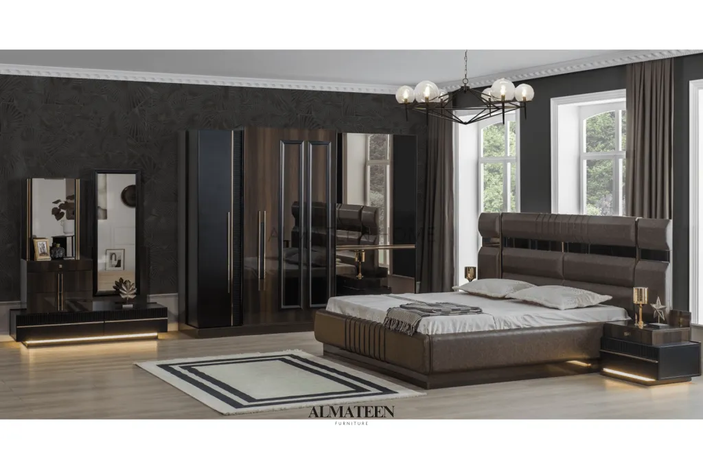 Elegant Bedroom Set with King Size Bed, Dresser, Sliding Wardrobe, and Side Tables - Turkish