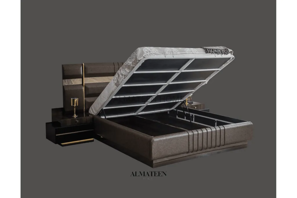 Elegant Bedroom Set with King Size Bed, Dresser, Sliding Wardrobe, and Side Tables - Turkish