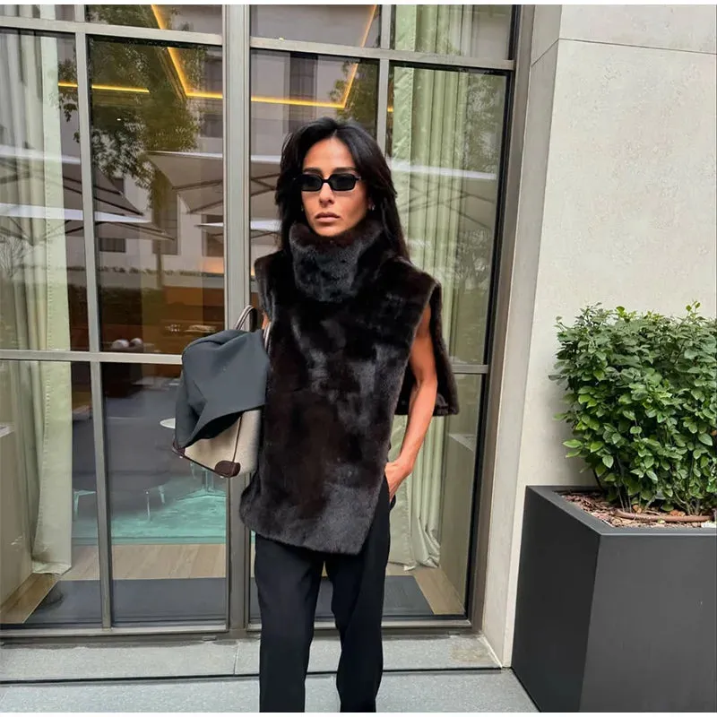 Elegant warm high neck Turtleneck faux Fur Sleeveless over coat vest