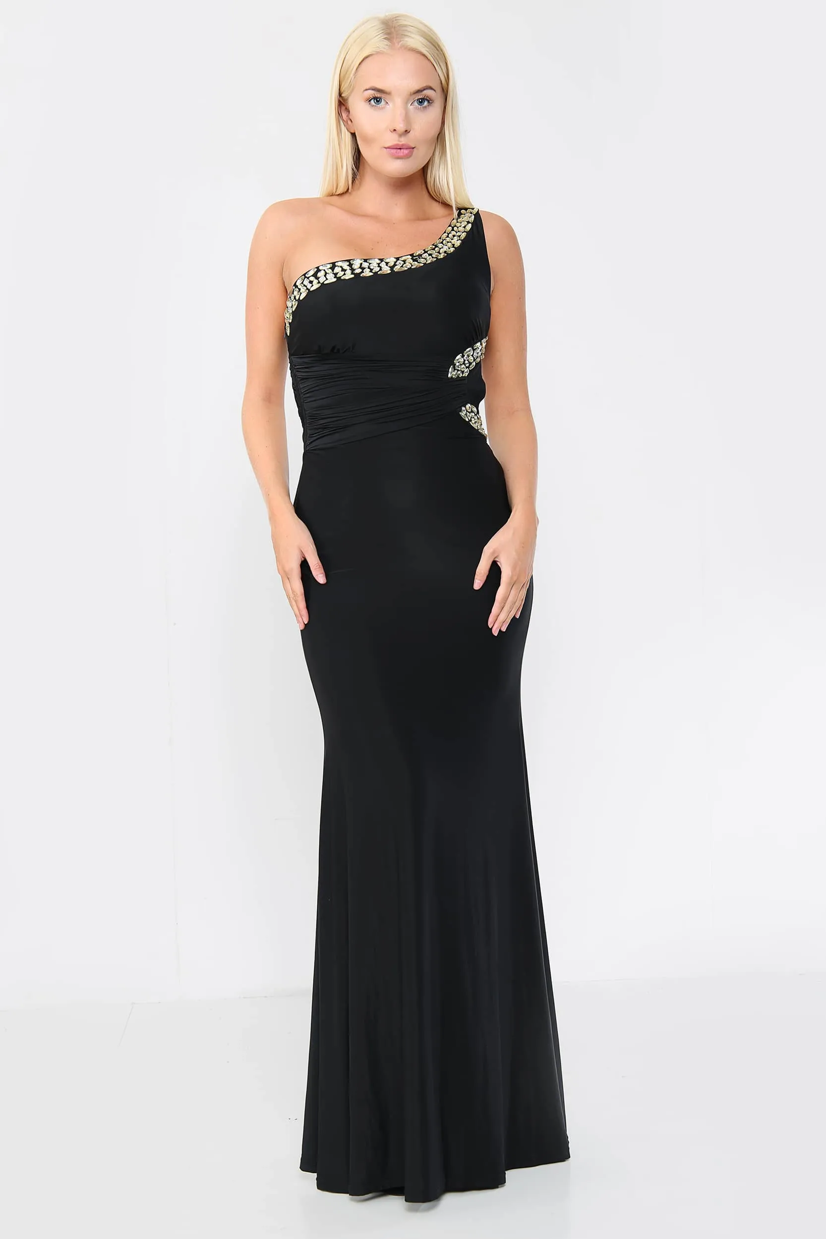 Embellished Asymmetric Gown Maxi Dress