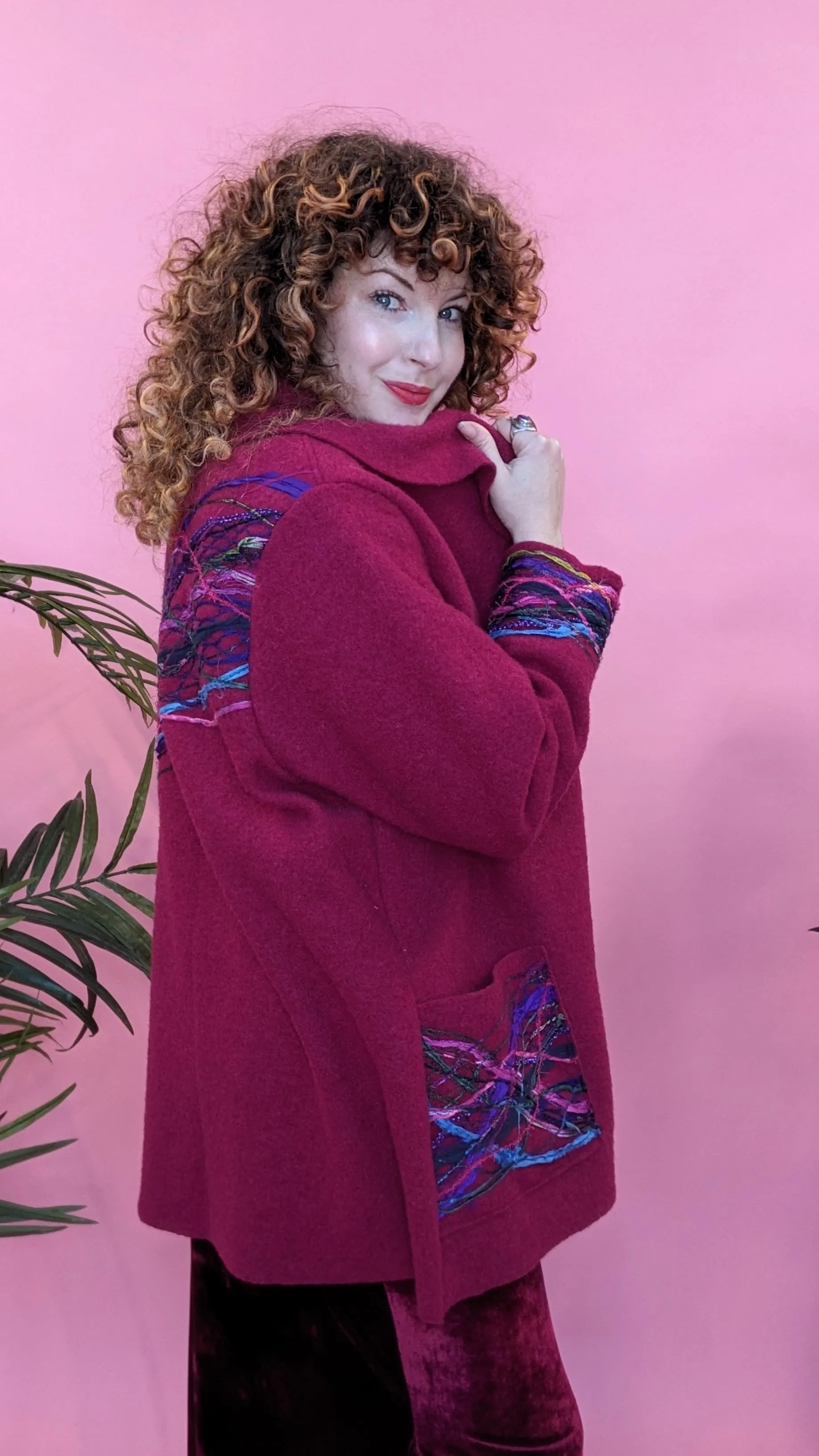 Embellished Short Wool Coat in Cherry