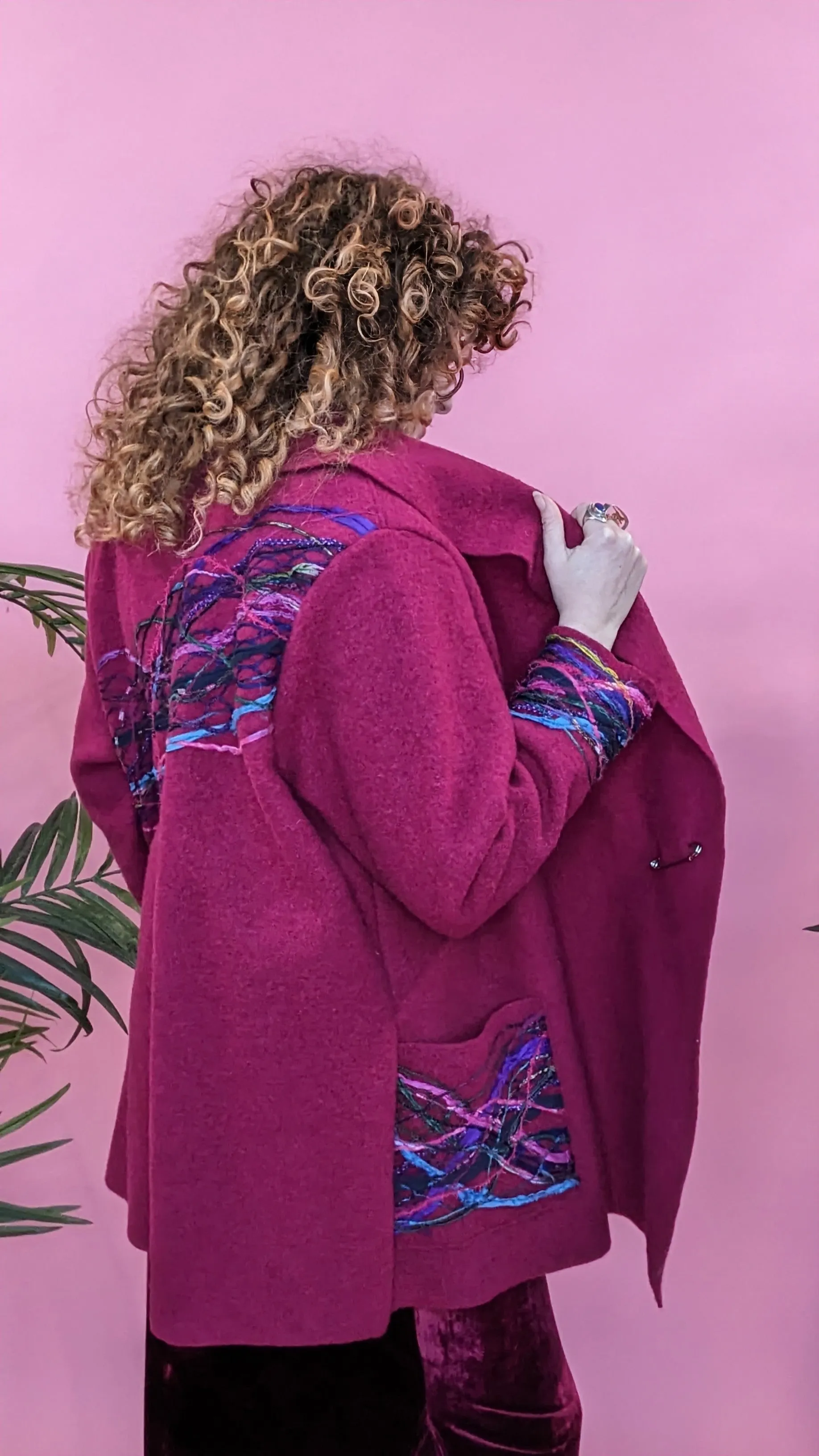 Embellished Short Wool Coat in Cherry