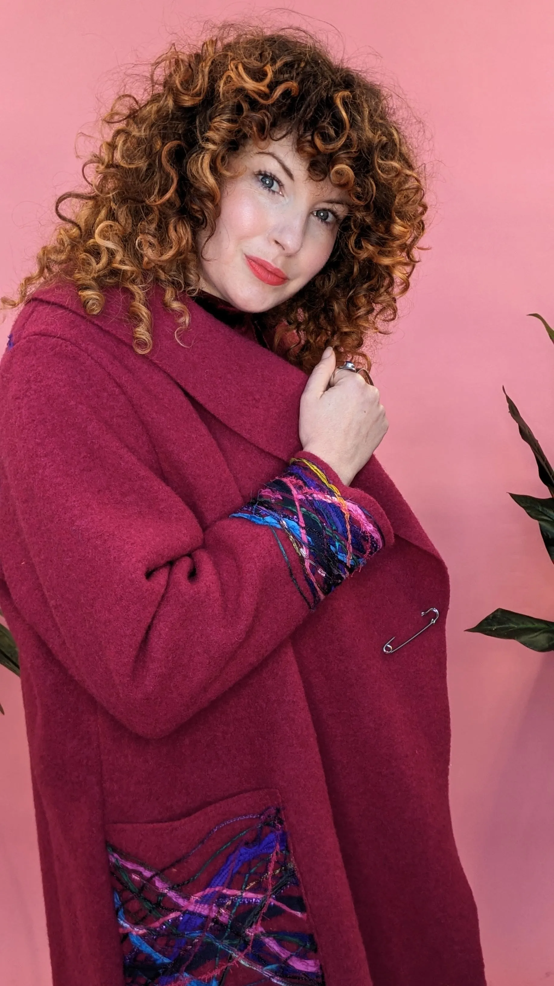 Embellished Short Wool Coat in Cherry