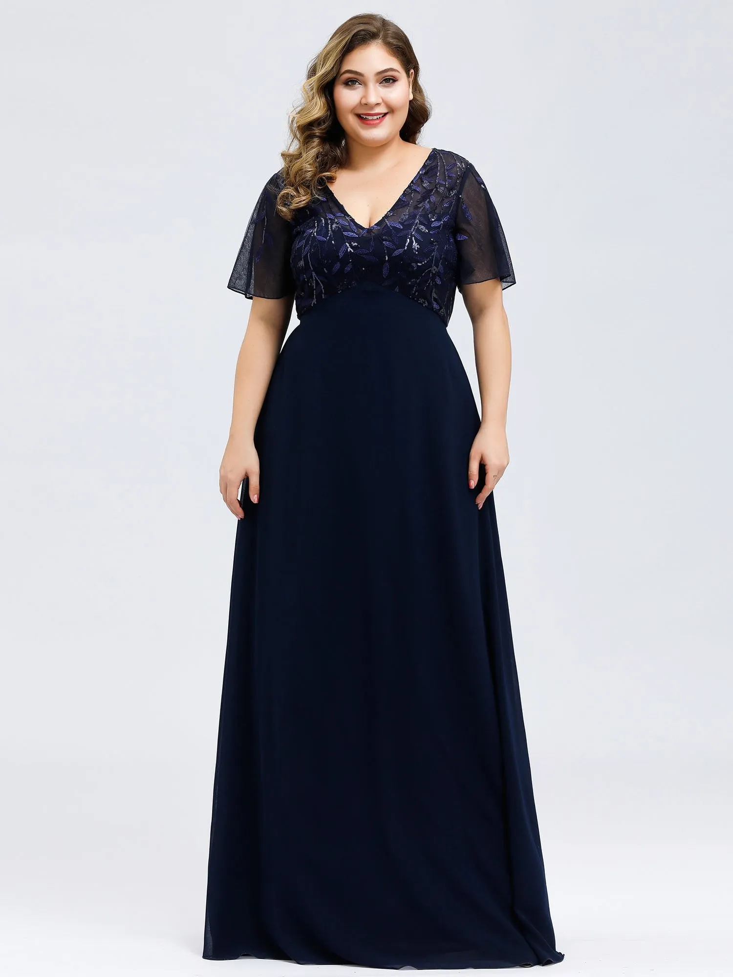 Ever-Pretty Plus Size Floral Lace Sequin Print Evening Dresses  with Cap Sleeve EZ07706