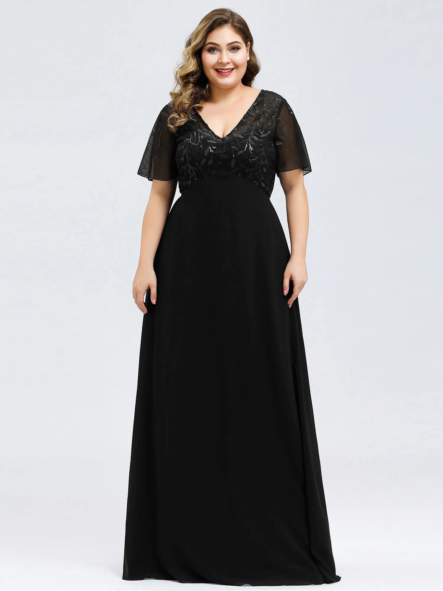 Ever-Pretty Plus Size Floral Lace Sequin Print Evening Dresses  with Cap Sleeve EZ07706