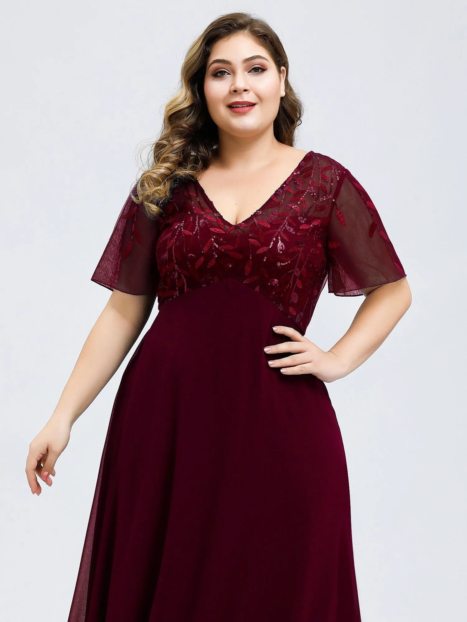 Ever-Pretty Plus Size Floral Lace Sequin Print Evening Dresses  with Cap Sleeve EZ07706