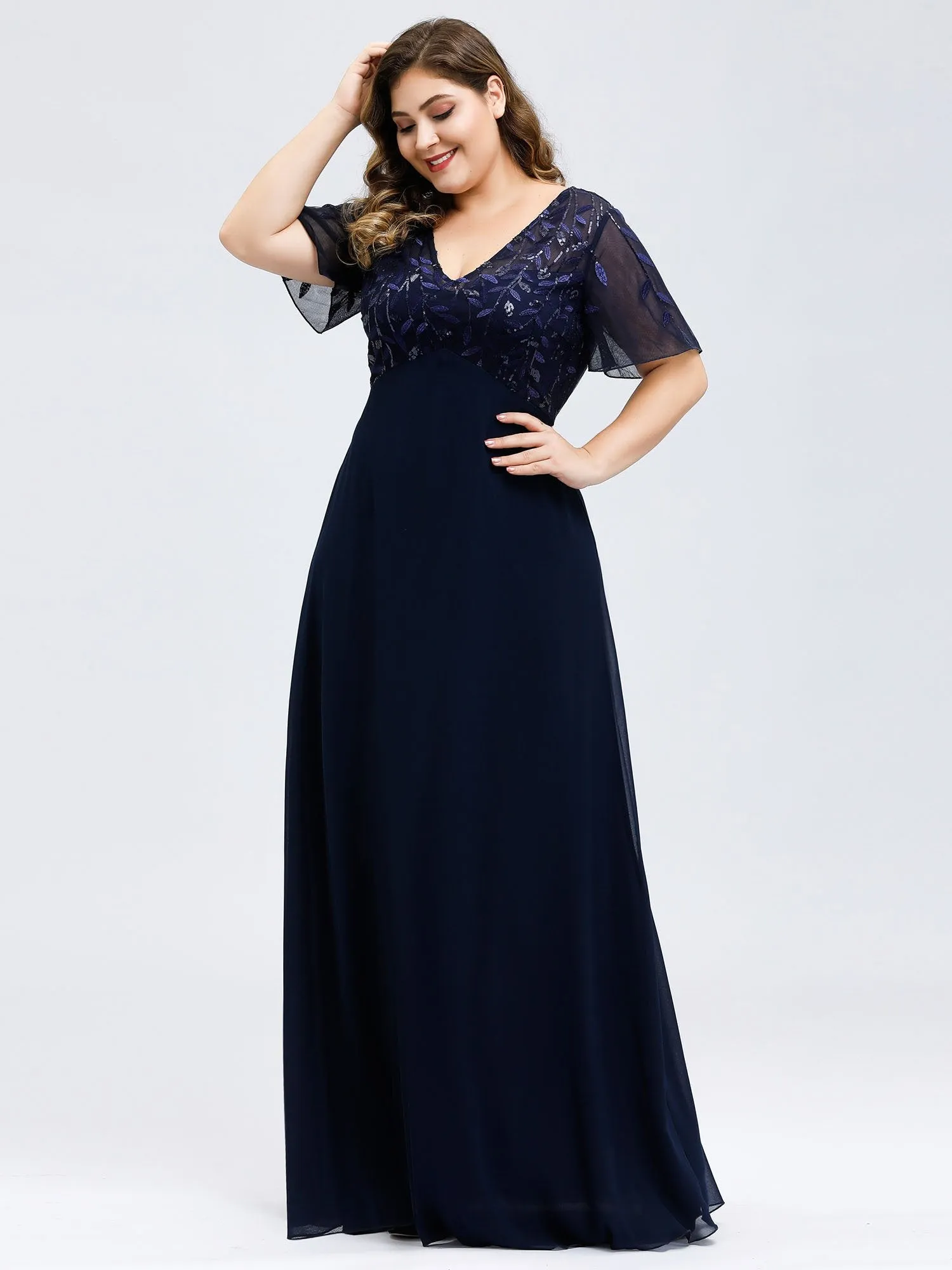 Ever-Pretty Plus Size Floral Lace Sequin Print Evening Dresses  with Cap Sleeve EZ07706
