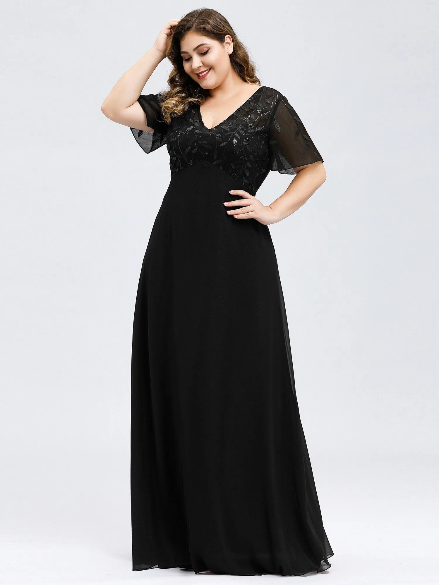Ever-Pretty Plus Size Floral Lace Sequin Print Evening Dresses  with Cap Sleeve EZ07706