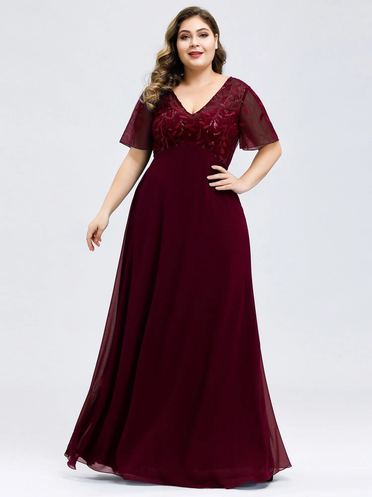 Ever-Pretty Plus Size Floral Lace Sequin Print Evening Dresses  with Cap Sleeve EZ07706