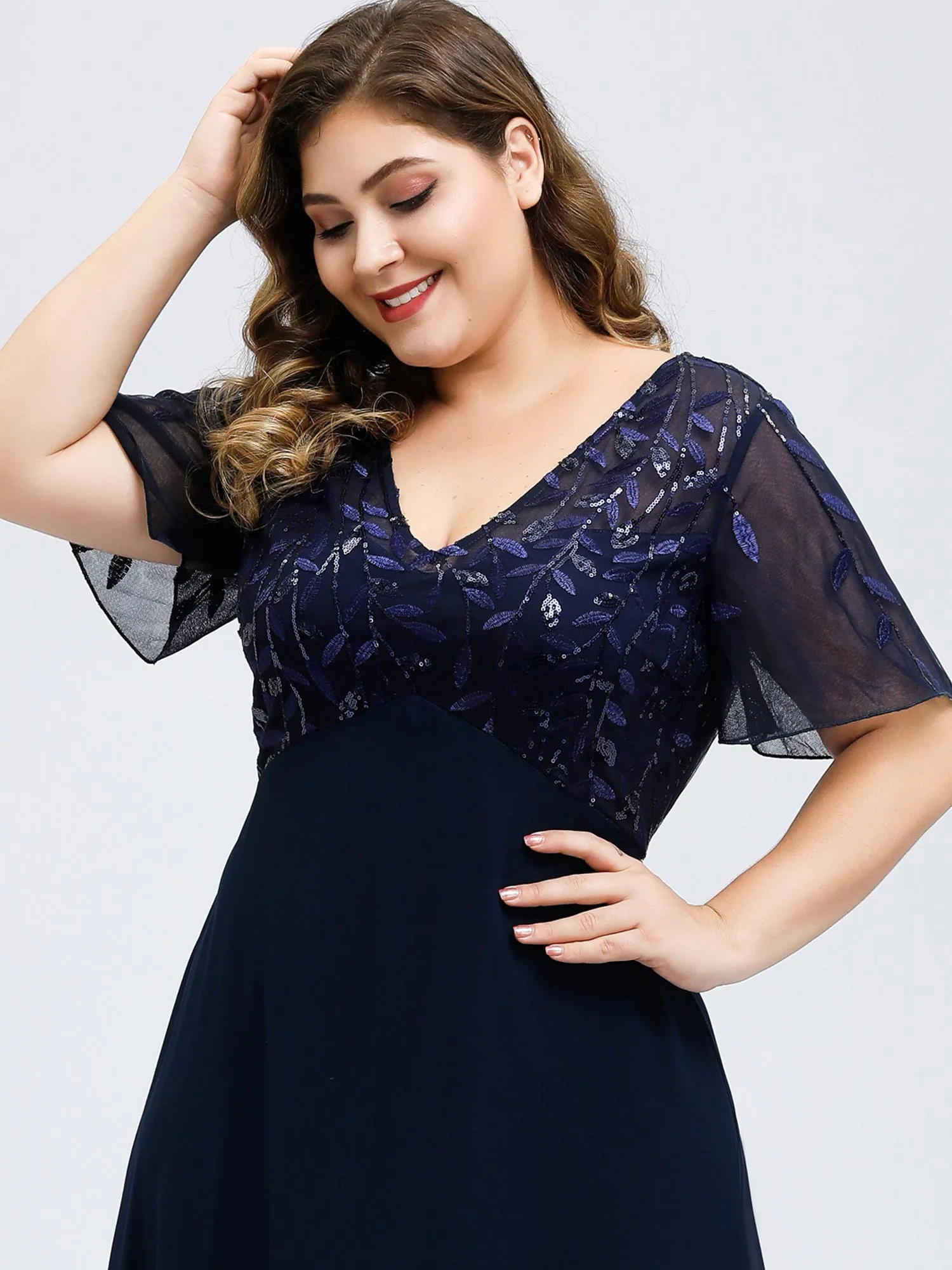 Ever-Pretty Plus Size Floral Lace Sequin Print Evening Dresses  with Cap Sleeve EZ07706