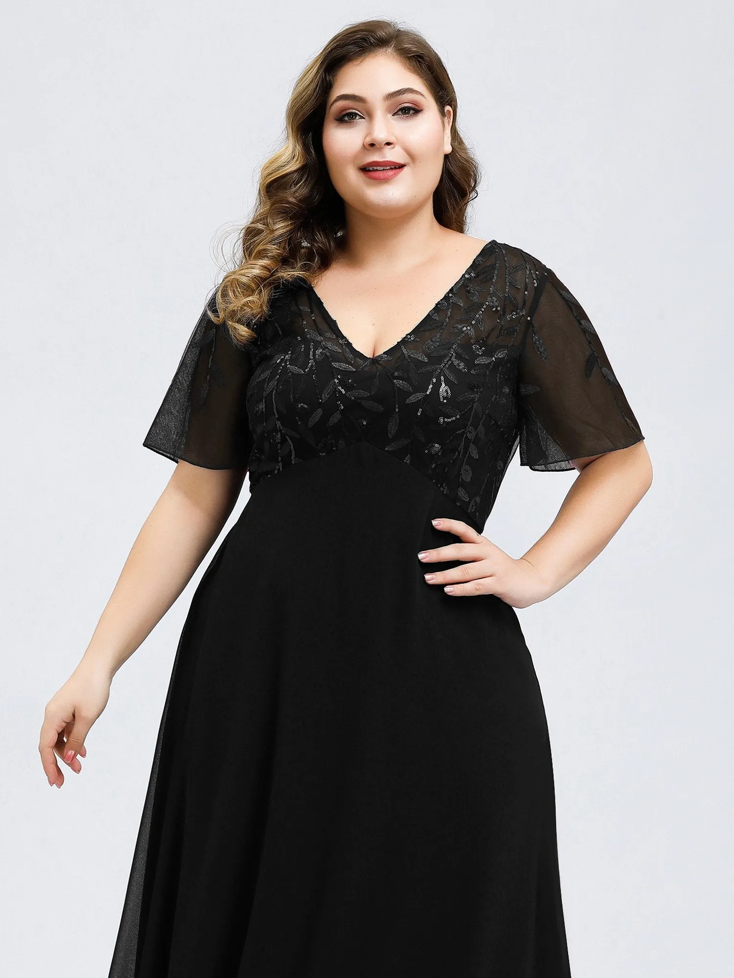 Ever-Pretty Plus Size Floral Lace Sequin Print Evening Dresses  with Cap Sleeve EZ07706