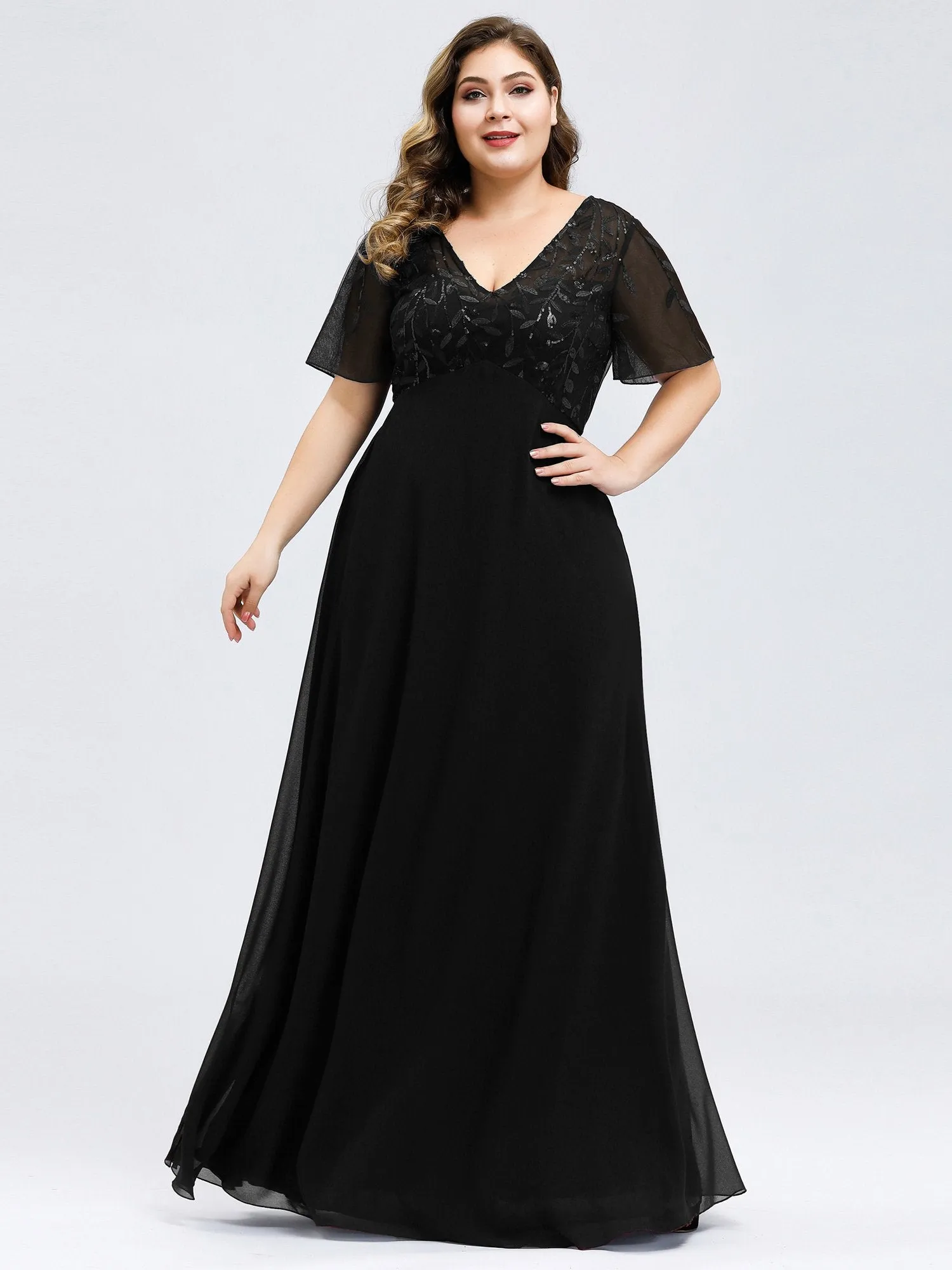 Ever-Pretty Plus Size Floral Lace Sequin Print Evening Dresses  with Cap Sleeve EZ07706