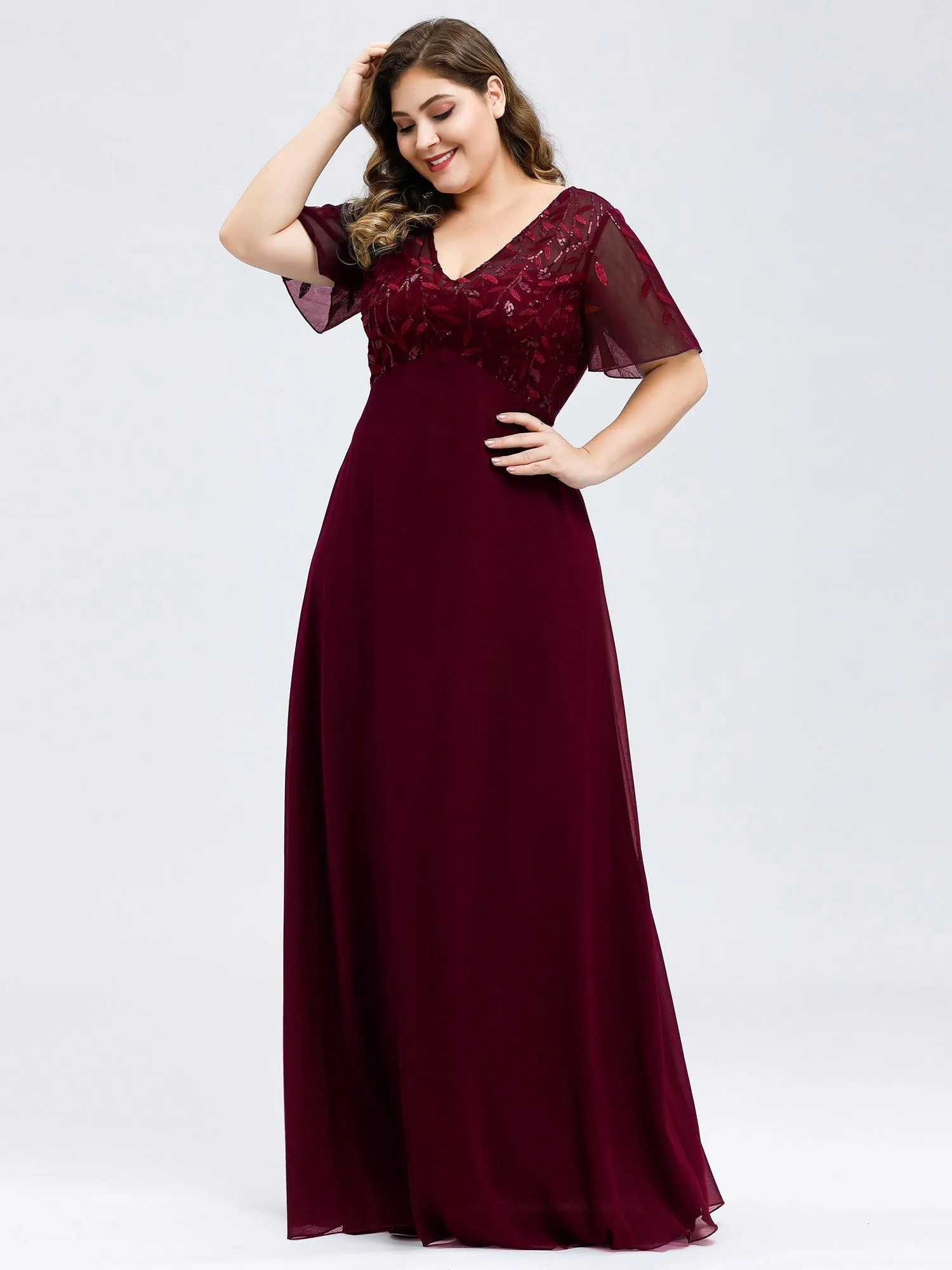Ever-Pretty Plus Size Floral Lace Sequin Print Evening Dresses  with Cap Sleeve EZ07706