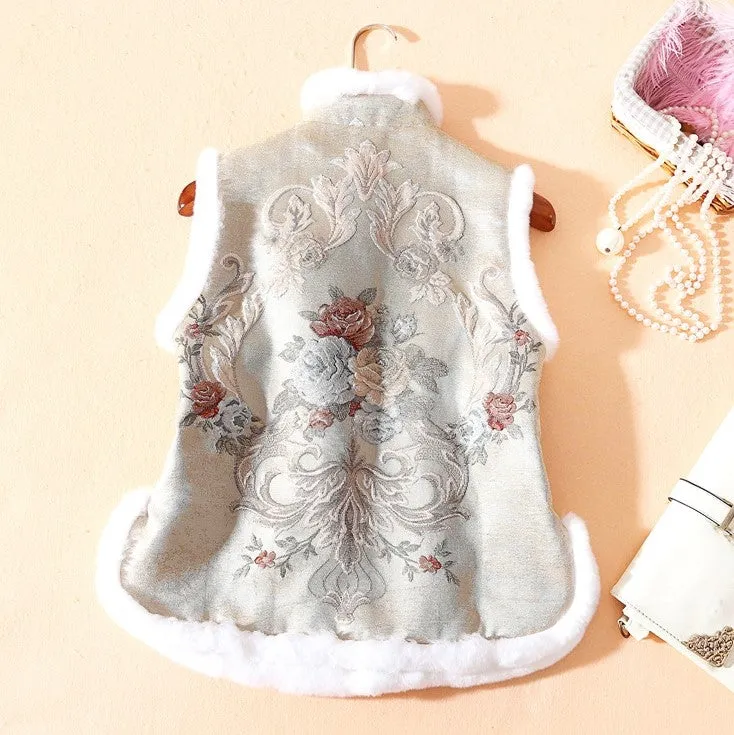 Floral Brocade Fur Collar & Cuff Chinese Style Thick Waistcoat Vest