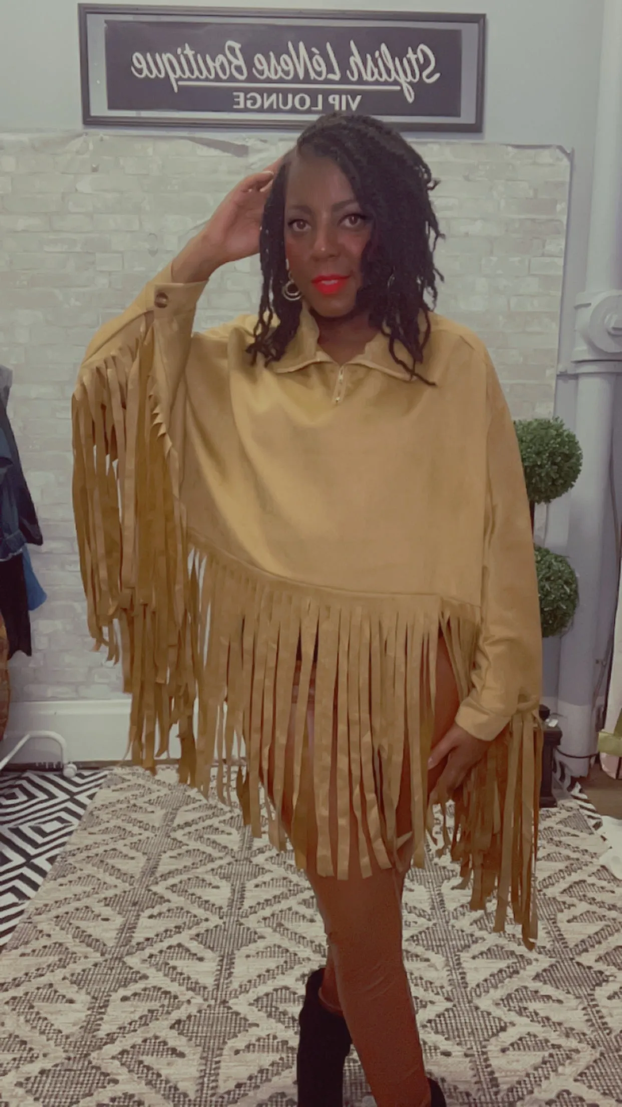 Fringe Faux Suede Zip Back Funnel Neck Poncho