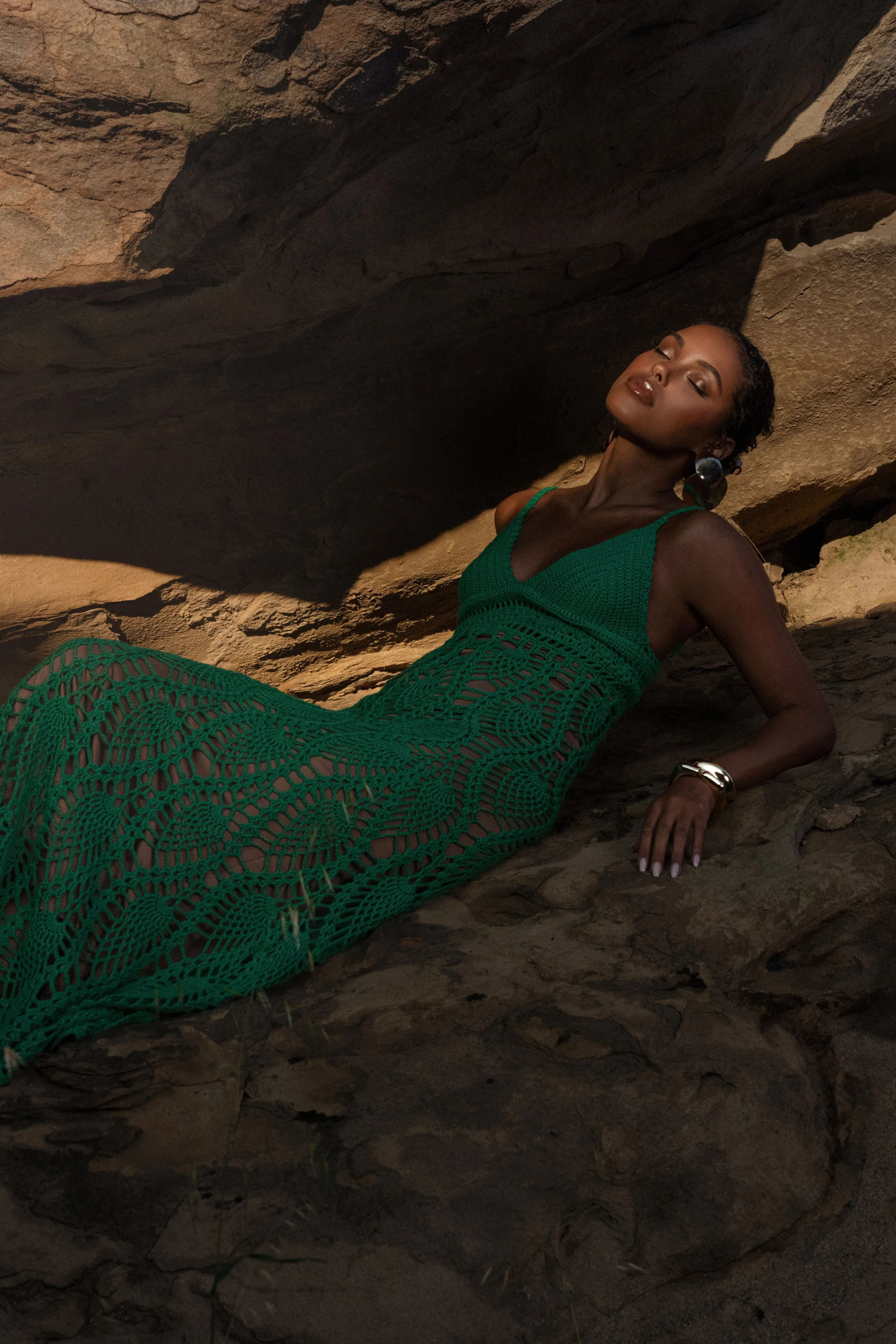 Green Great Escape Crochet Maxi Dress