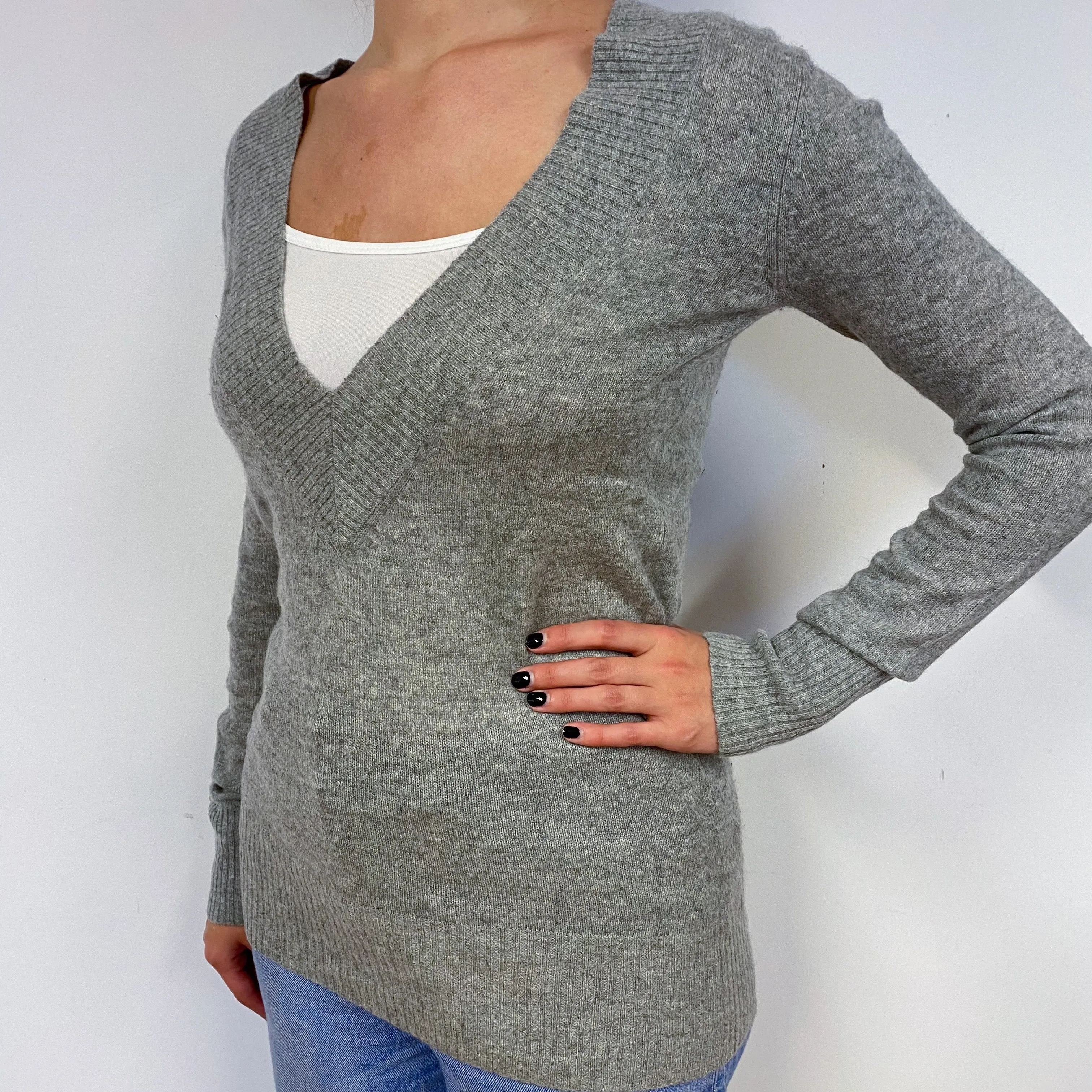Grey Longline Cashmere V-Neck Jumper Small