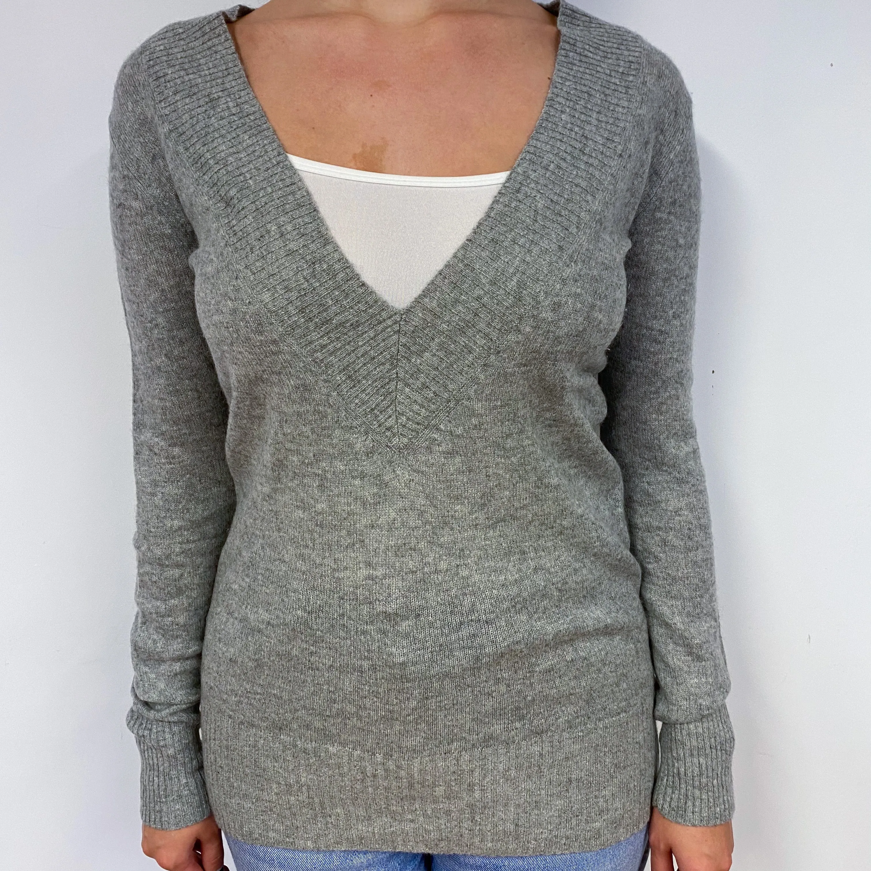 Grey Longline Cashmere V-Neck Jumper Small