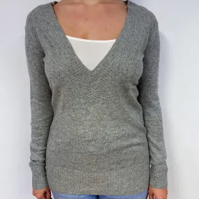 Grey Longline Cashmere V-Neck Jumper Small