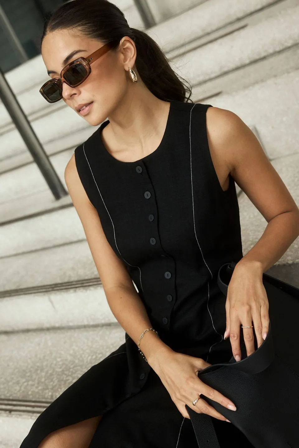 Guide Black Contrast Stitch Maxi Vest Dress