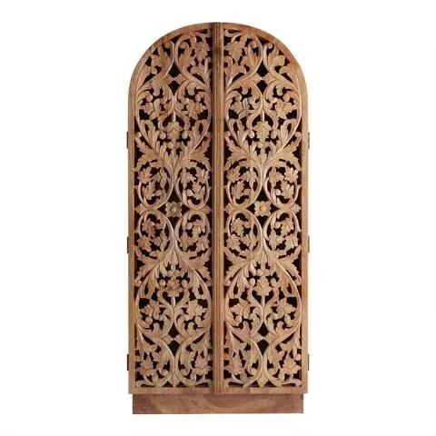 Hand Carved Arched Natural Floral Solid Wood Armoire Wardrobe for Bedroom Decor