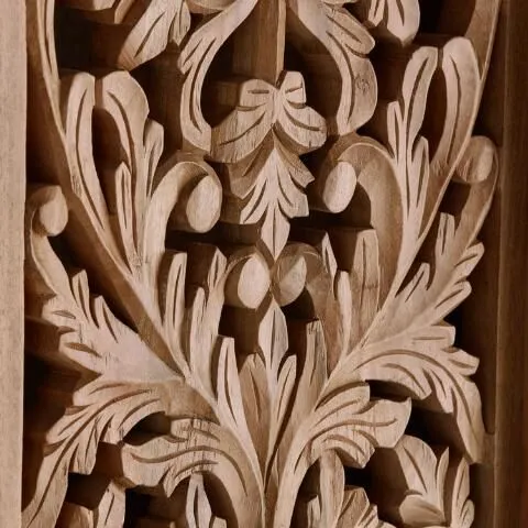 Hand Carved Arched Natural Floral Solid Wood Armoire Wardrobe for Bedroom Decor