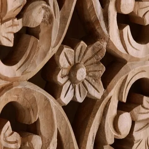 Hand Carved Arched Natural Floral Solid Wood Armoire Wardrobe for Bedroom Decor