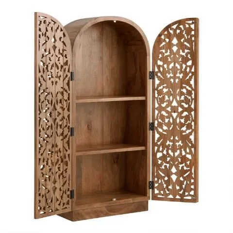 Hand Carved Arched Natural Floral Solid Wood Armoire Wardrobe for Bedroom Decor