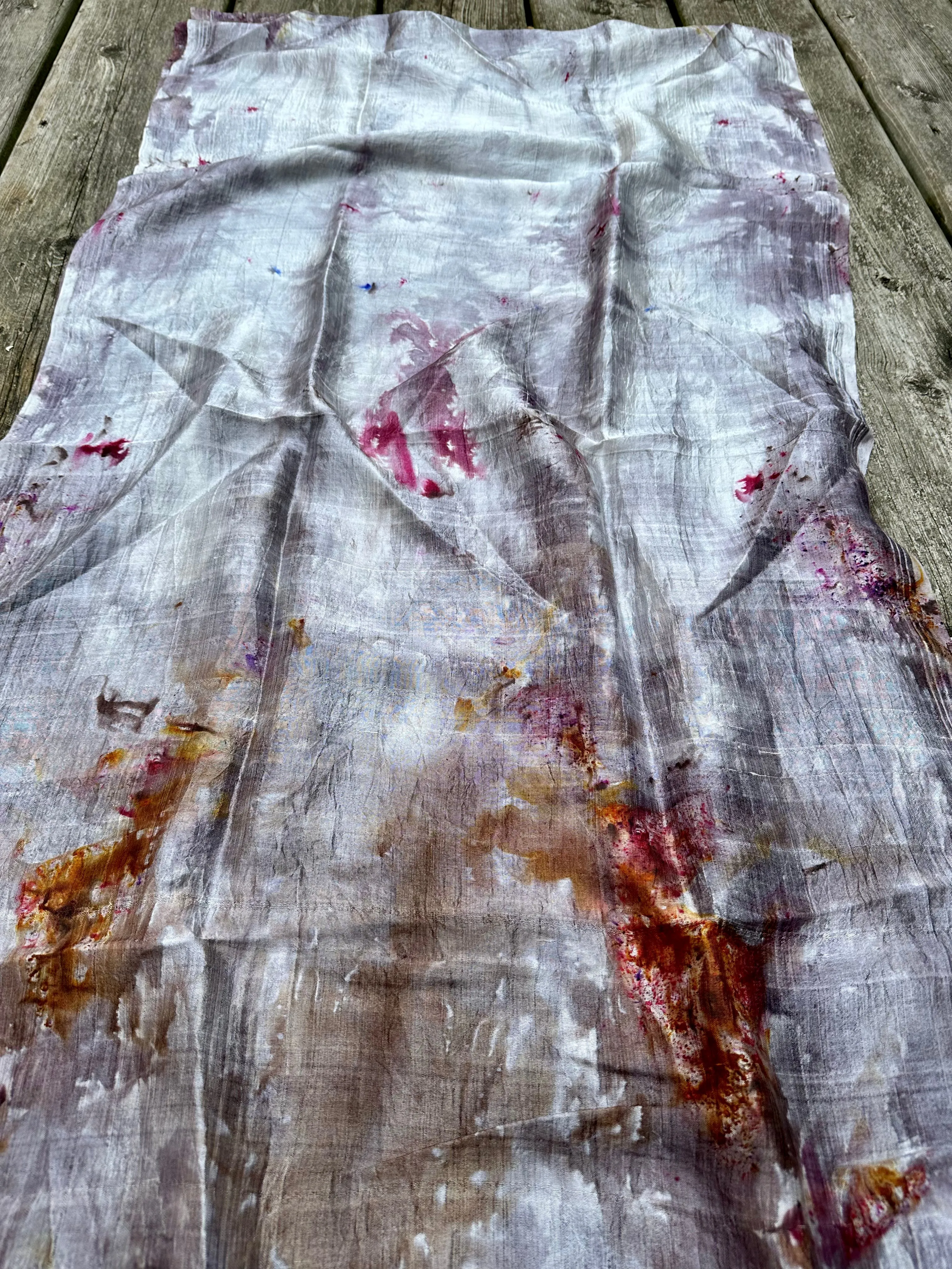 Hand Dyed Silk Scarf "Up to No Good (#2)" Silver Grey Taupe Brown Gold Purple Pink Violet Yellow Red Rust Copper Mulberry Silk Scarf 23” x 73” 59cm x 187cm