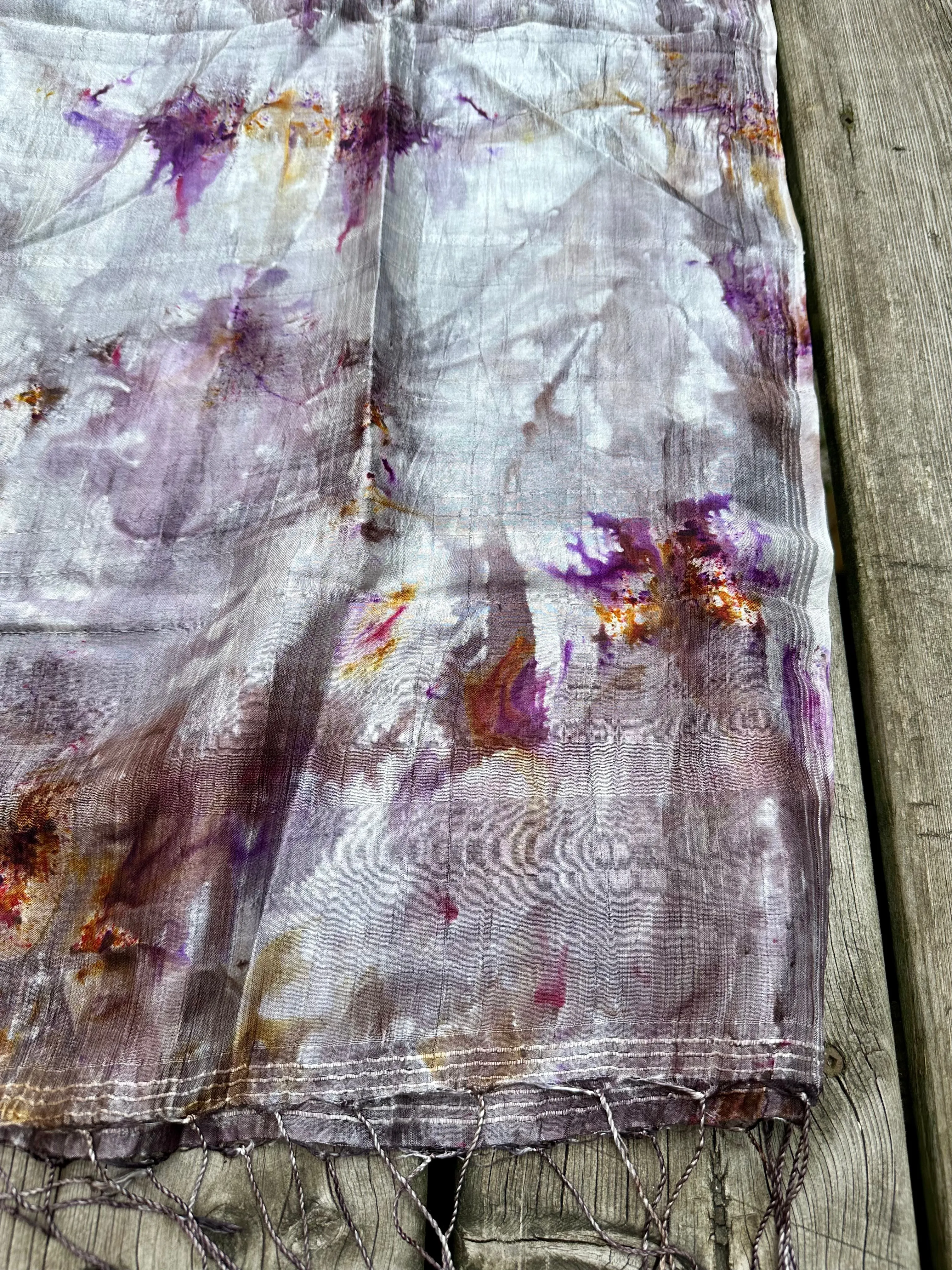 Hand Dyed Silk Scarf "Up to No Good (#2)" Silver Grey Taupe Brown Gold Purple Pink Violet Yellow Red Rust Copper Mulberry Silk Scarf 23” x 73” 59cm x 187cm
