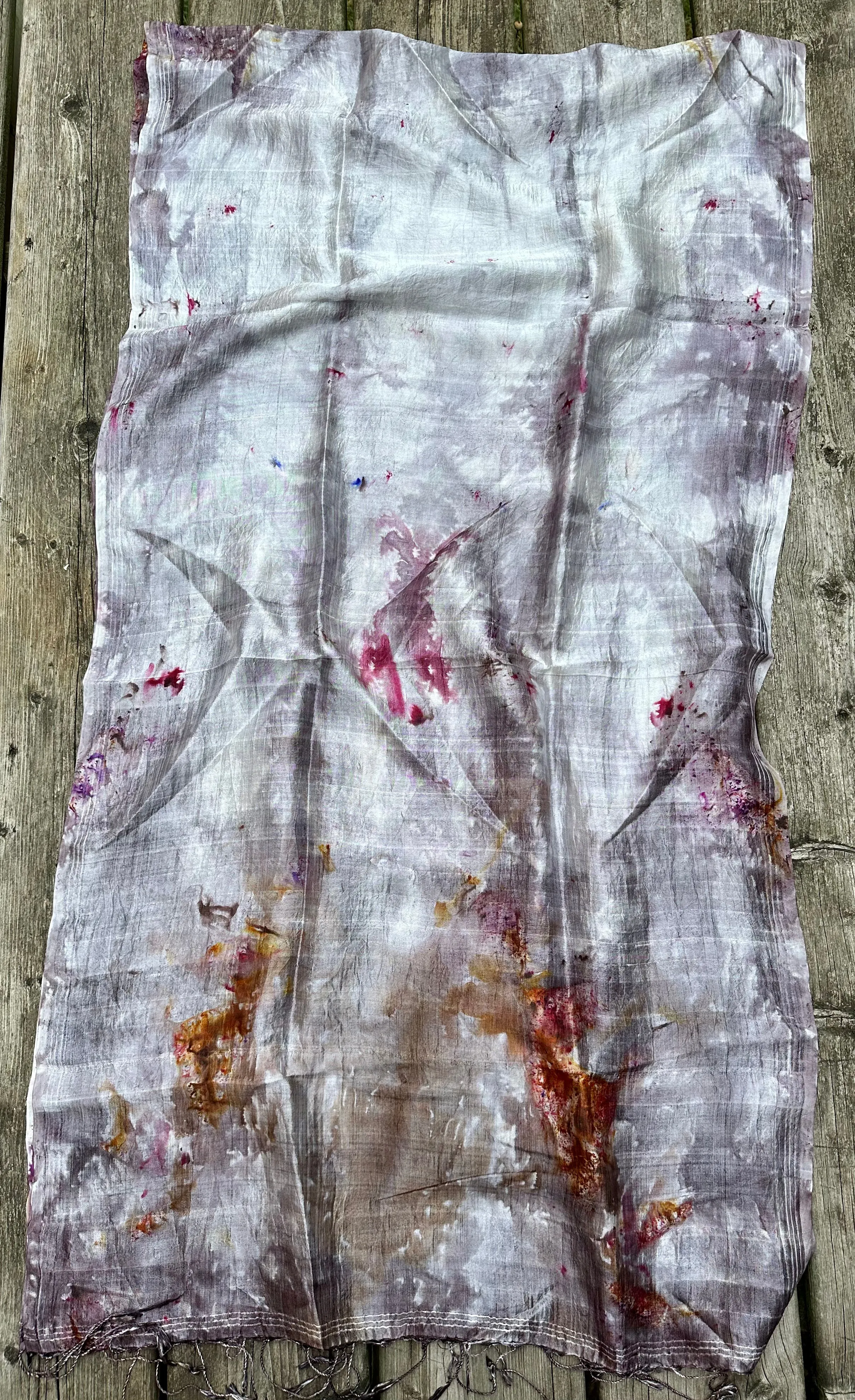 Hand Dyed Silk Scarf "Up to No Good (#2)" Silver Grey Taupe Brown Gold Purple Pink Violet Yellow Red Rust Copper Mulberry Silk Scarf 23” x 73” 59cm x 187cm