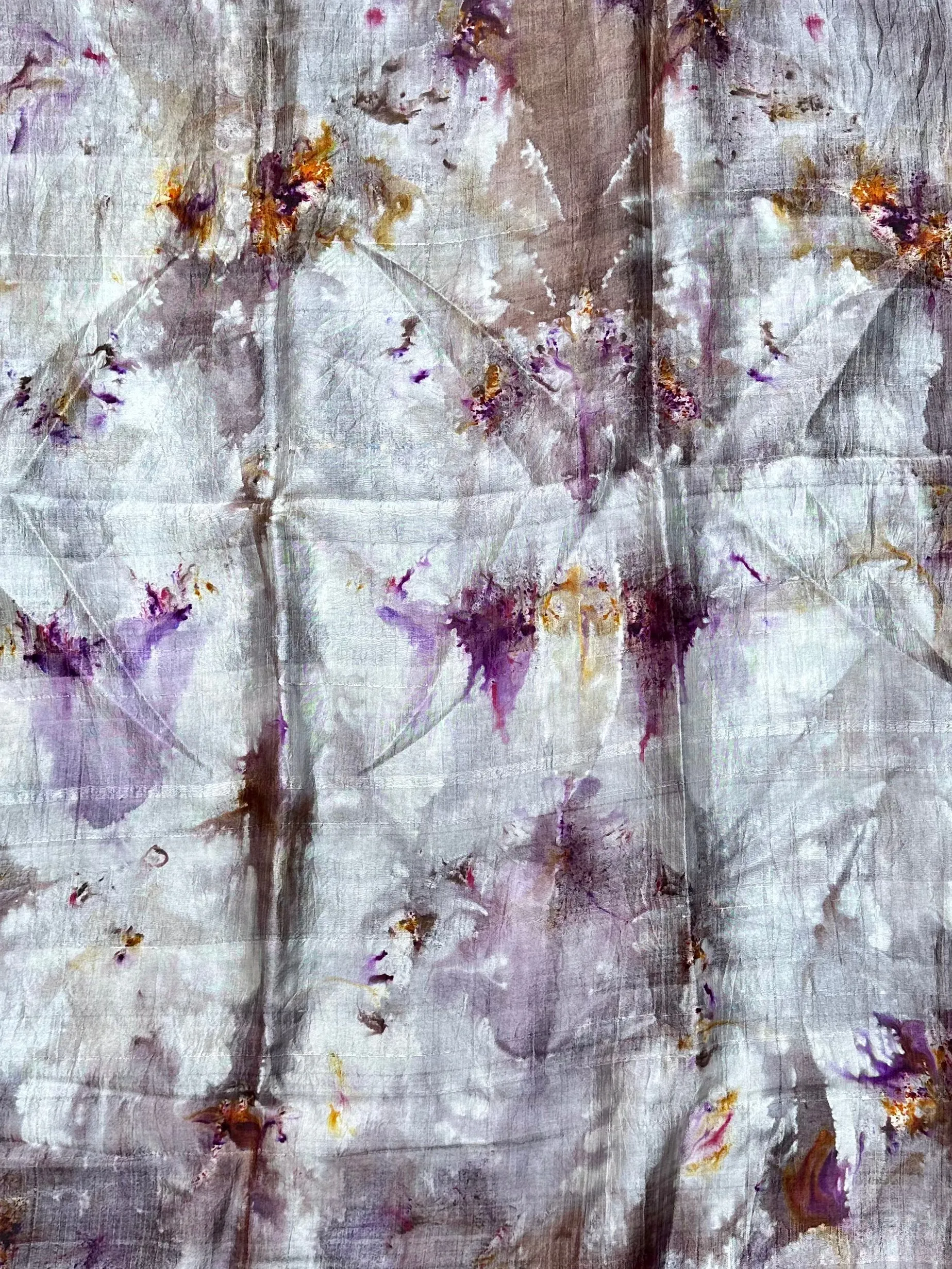 Hand Dyed Silk Scarf "Up to No Good (#2)" Silver Grey Taupe Brown Gold Purple Pink Violet Yellow Red Rust Copper Mulberry Silk Scarf 23” x 73” 59cm x 187cm
