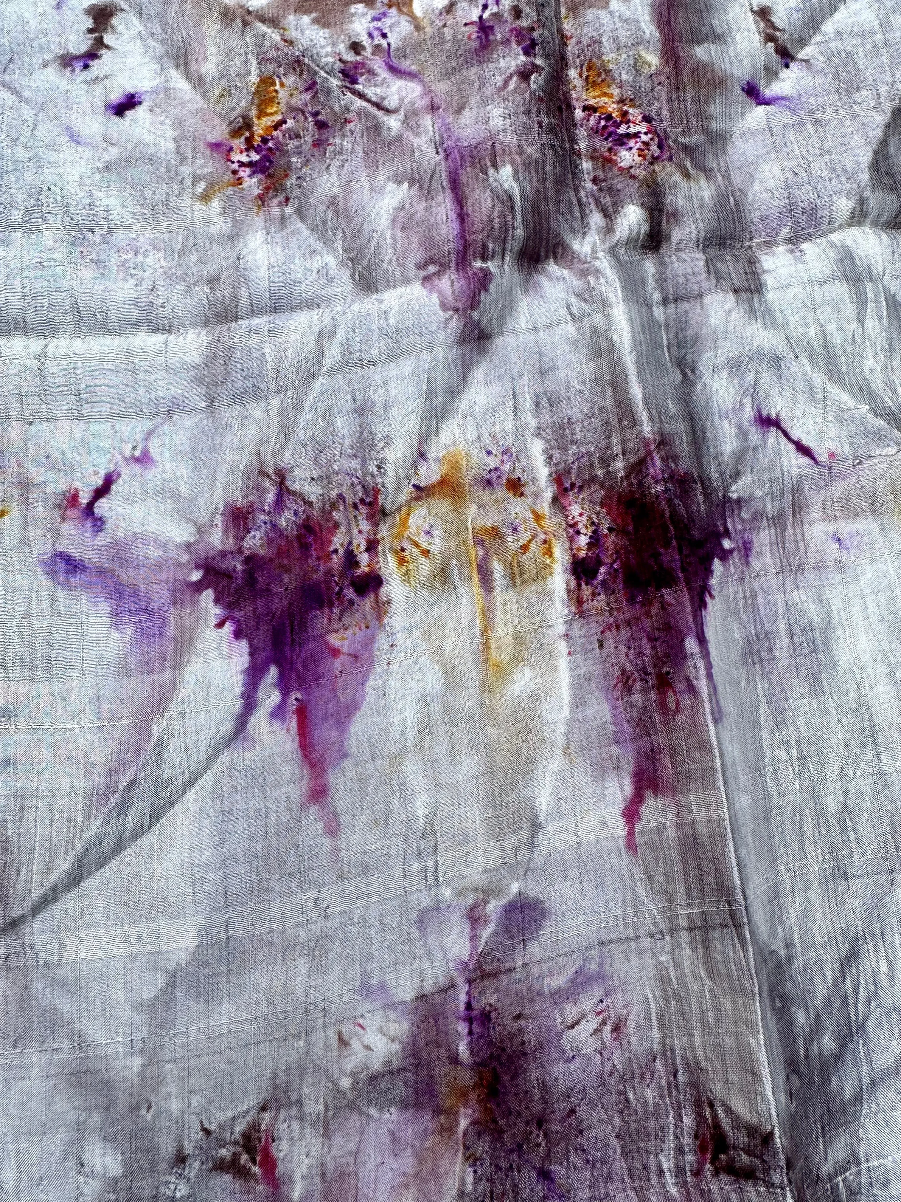 Hand Dyed Silk Scarf "Up to No Good (#2)" Silver Grey Taupe Brown Gold Purple Pink Violet Yellow Red Rust Copper Mulberry Silk Scarf 23” x 73” 59cm x 187cm