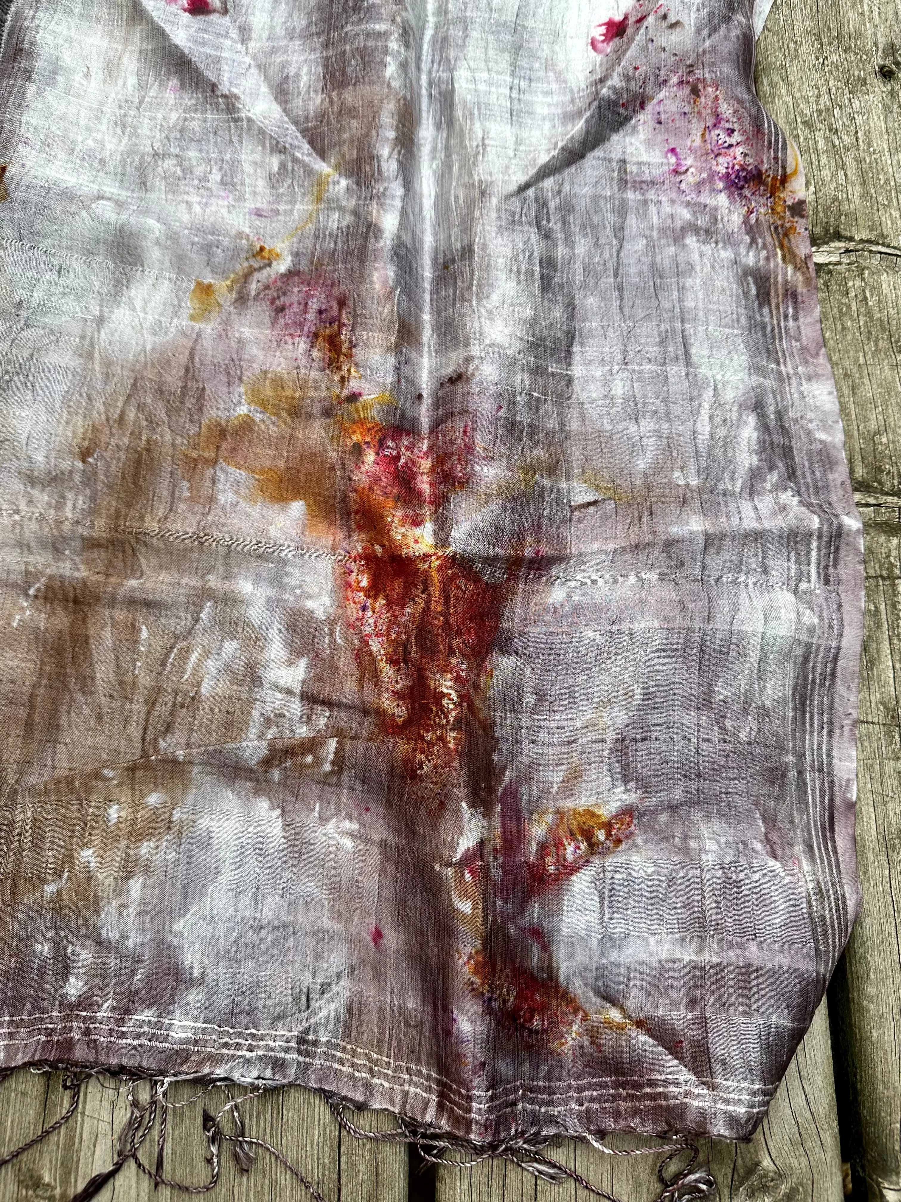 Hand Dyed Silk Scarf "Up to No Good (#2)" Silver Grey Taupe Brown Gold Purple Pink Violet Yellow Red Rust Copper Mulberry Silk Scarf 23” x 73” 59cm x 187cm