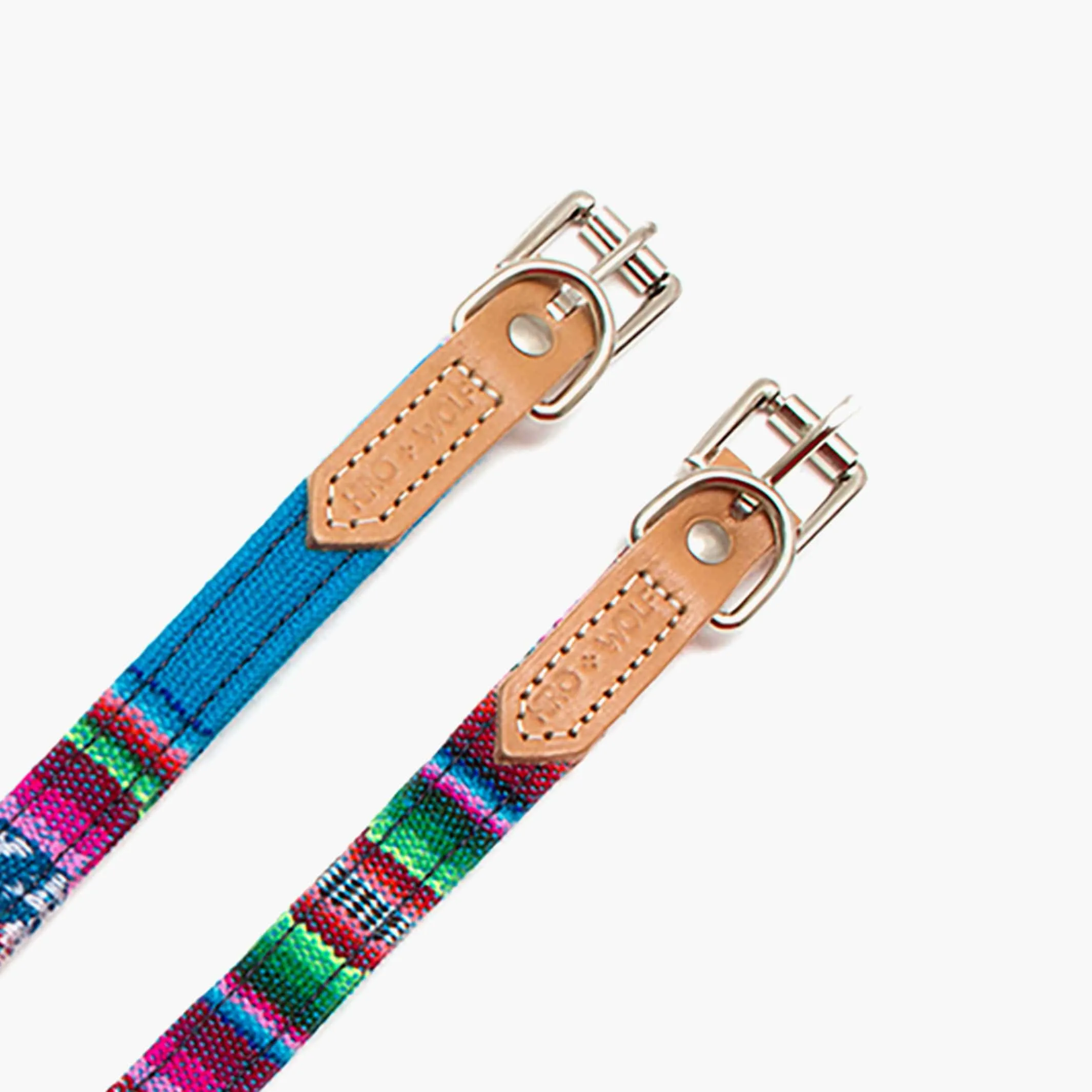 Handmade Hiro   Wolf Inca Blue Dog Collar in Leather and Fabric