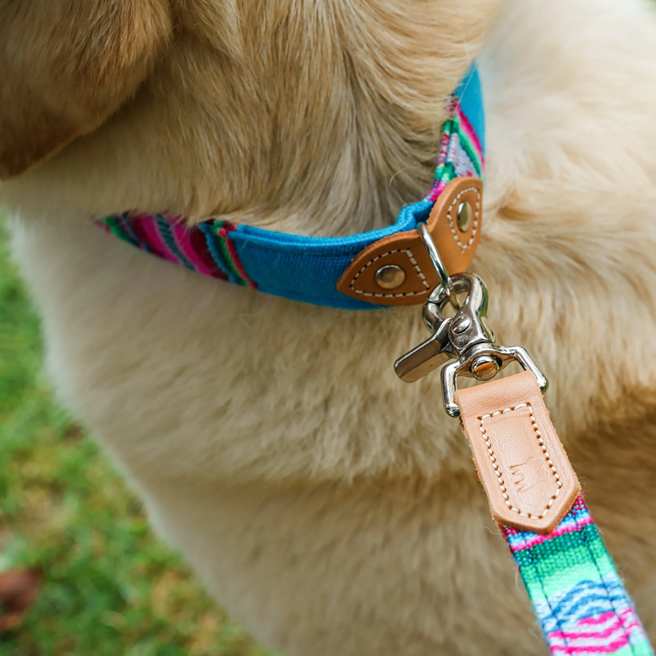 Handmade Hiro   Wolf Inca Blue Dog Collar in Leather and Fabric