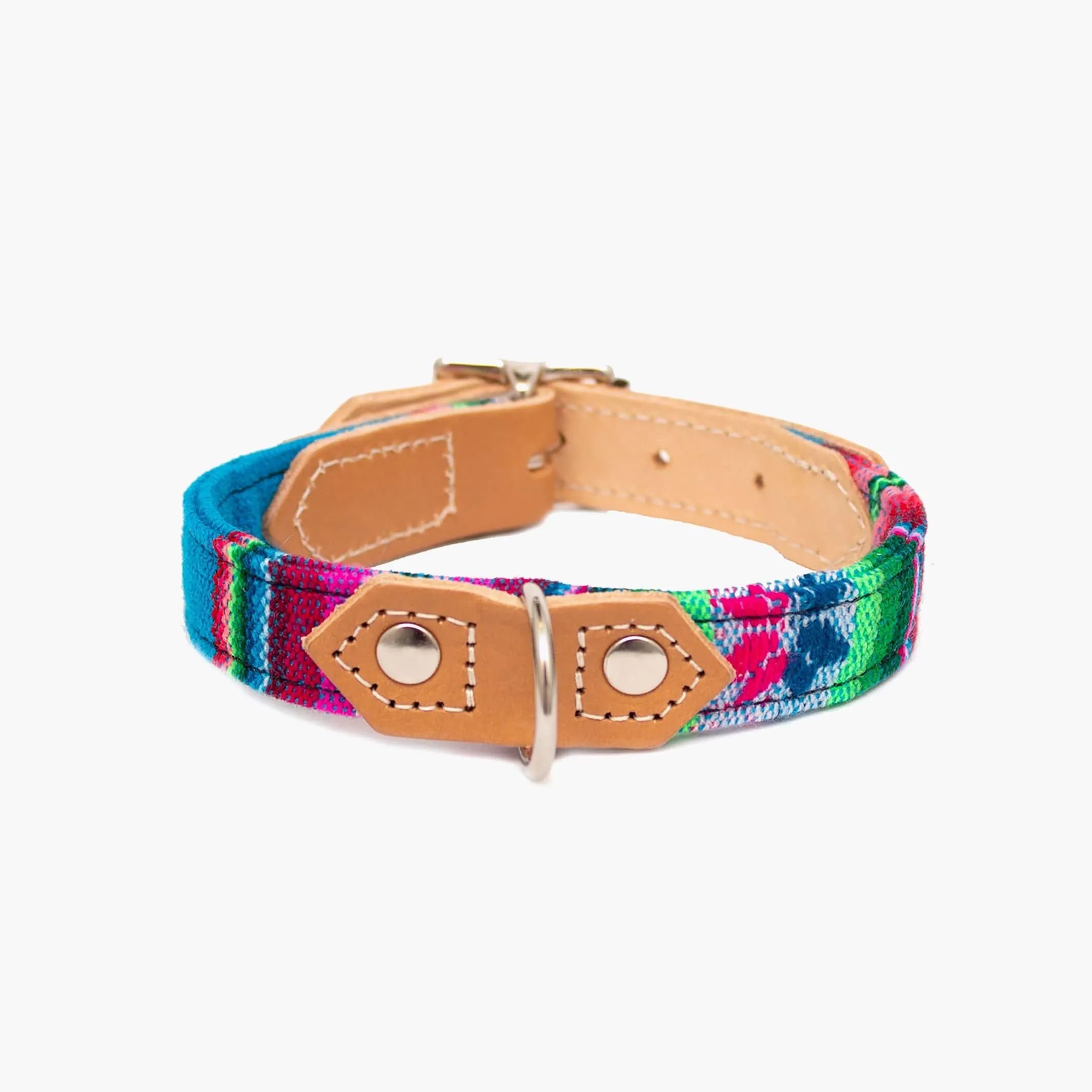 Handmade Hiro   Wolf Inca Blue Dog Collar in Leather and Fabric