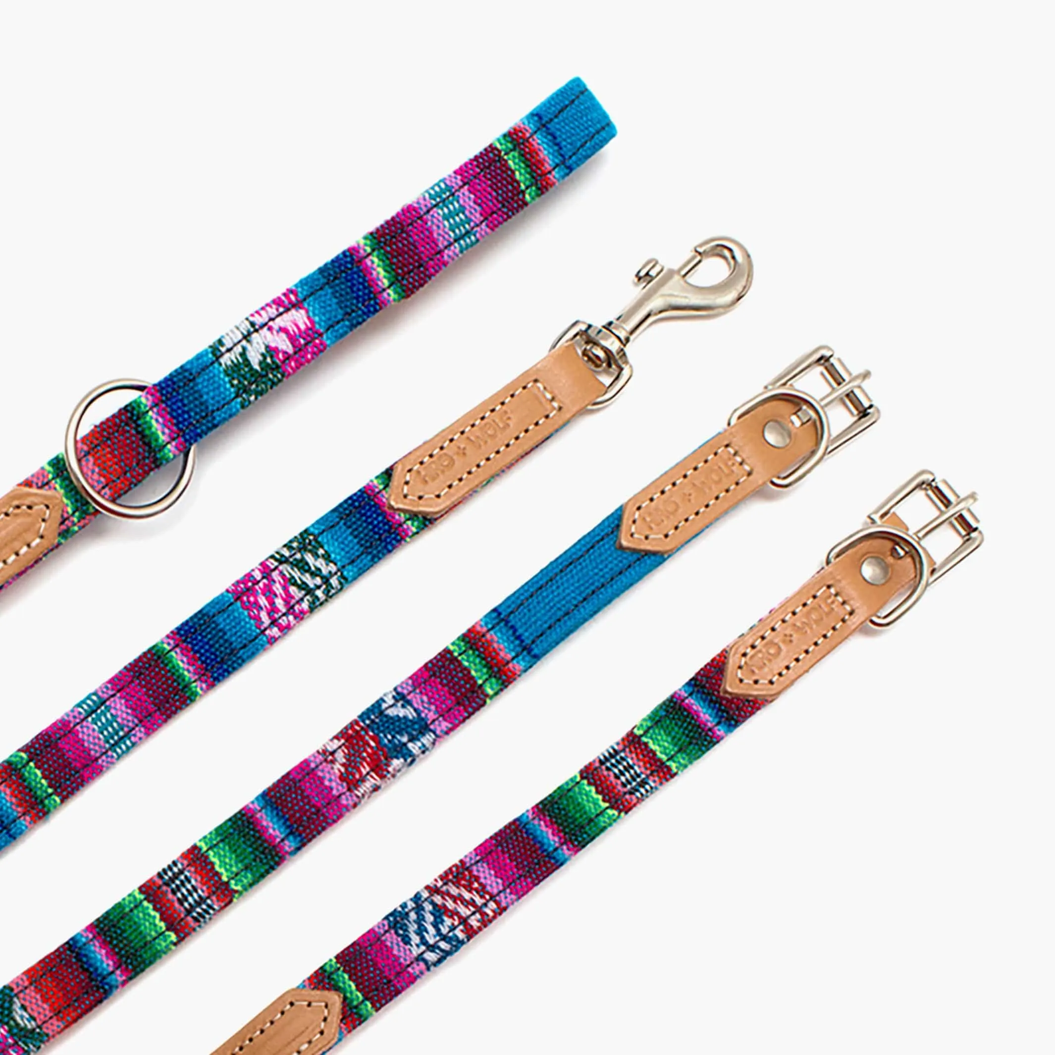 Handmade Hiro   Wolf Inca Blue Dog Collar in Leather and Fabric